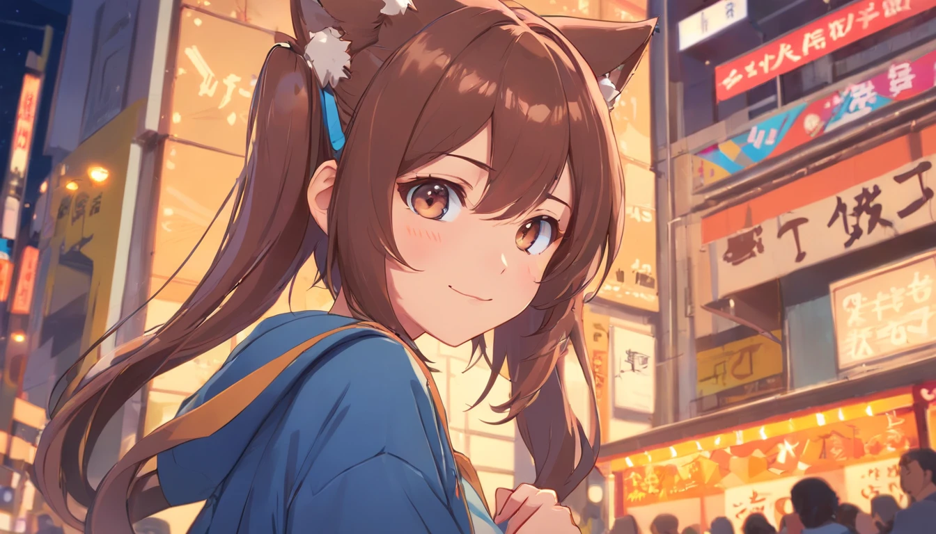 a drawing of a girl with long hair and a cat ears, ilya kuvshinov with long hair, long hair anime girl, (animemanga girl), Cute Anime Girls, anime moe art style, small curvaceous loli, animemanga girl, animemanga girl, Linda Catwoman de anime, up of young anime girl, Anime Beautiful Girl, visual anime of a cute girl, Brown hair, hair bobbles, wince, long eyelasher, solid circle eyes, Fake cat ears, Light smile, Ear blush, Fang, surrealism, shadowing, anaglyph, stereograms, tachi-e, angle of view, Atmospheric perspective, 8K, Super detail, ccurate, Best quality, kintsugi, en0ki_desu, Schrödinger's streamer Enoki video and background Valorant's video and background Valorant