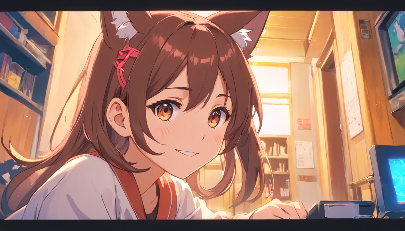 a drawing of a girl with long hair and a cat ears, ilya kuvshinov with long hair, long hair anime girl, (animemanga girl), Cute Anime Girls, anime moe art style, small curvaceous loli, animemanga girl, animemanga girl, Linda Catwoman de anime, up of young anime girl, Anime Beautiful Girl, visual anime of a cute girl, Brown hair, hair bobbles, wince, long eyelasher, solid circle eyes, Fake cat ears, Light smile, Ear blush, Fang, surrealism, shadowing, anaglyph, stereograms, tachi-e, angle of view, Atmospheric perspective, 8K, Super detail, ccurate, Best quality, kintsugi, en0ki_desu, Schrödinger's streamer Enoki video and background Valorant's video and background Valorant