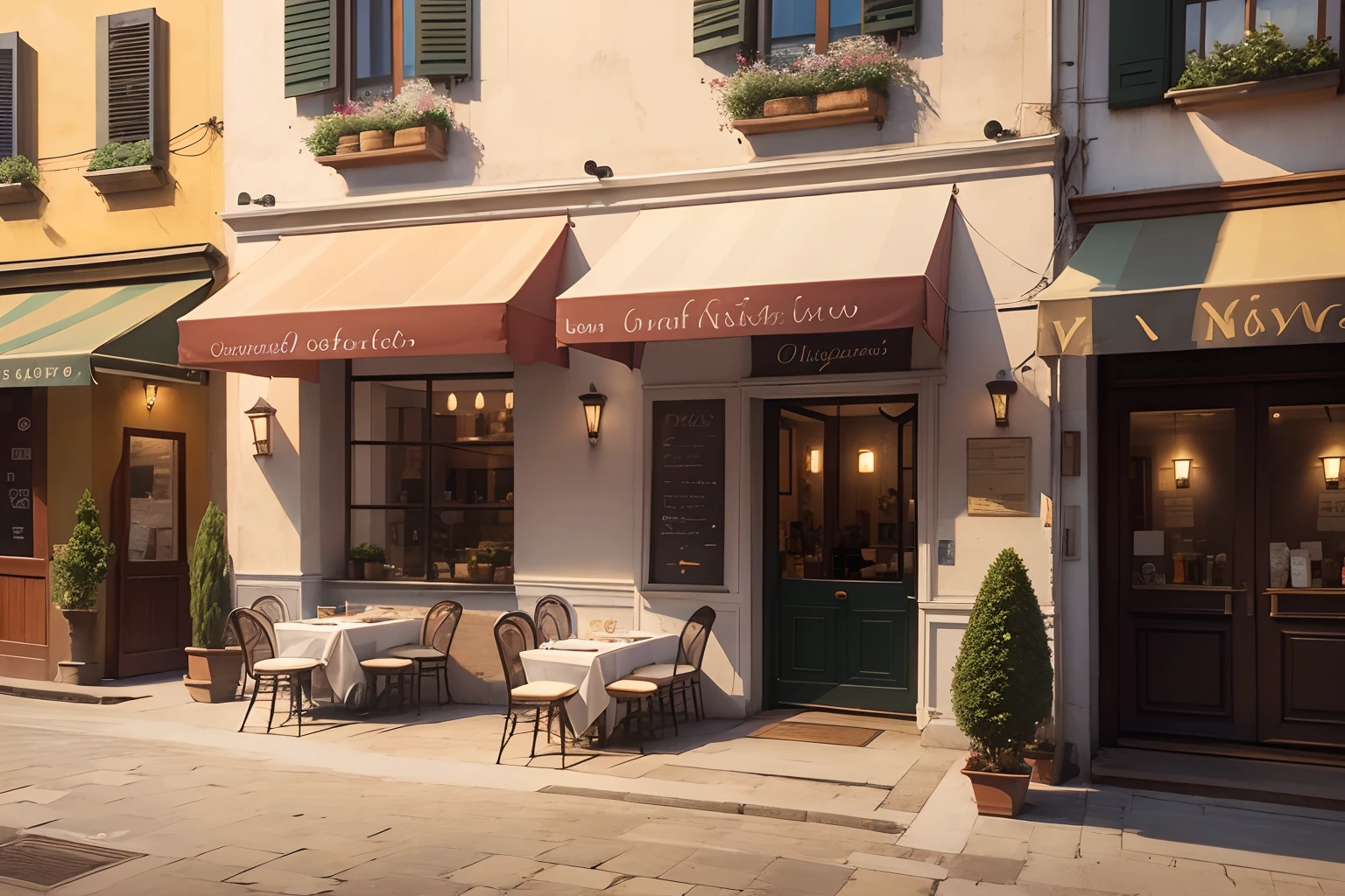 (masterpiece:1.0), (best quality:1.0), the outside of an italian restaurant with several tables on the pavement, on an open square, highly detailed