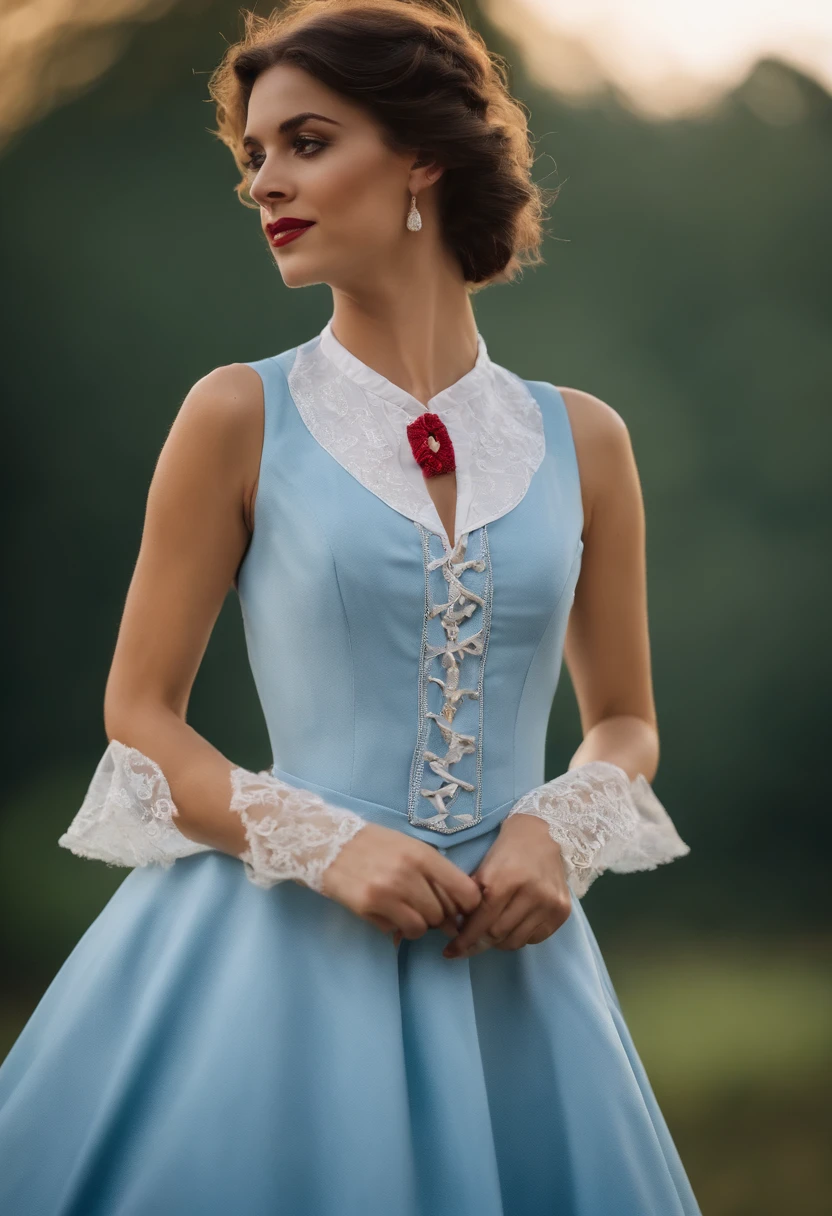 Create a costume for dance students. Mulheres em um vestido chamise com um pin top, com um colete vermelho curto por cima e uma gravata vermelha. Make sure the costumes are comfortable for dancing, but they also convey the magical atmosphere of Mary Poppins' film, a woman in a blue top and jeans posing for a photo, roupas brancas de renda, camisa regal de babados ornamentada, roupas de moda, vestido de renda detalhado, roupas de moda, roupas de moda intrincadas, top chique, bladed wings lace wear, fantasy style clothing, Feminino macio, Young lady, sky blue, vestido rendado, vestido elegante, vestido feminino feminino, Photo Session