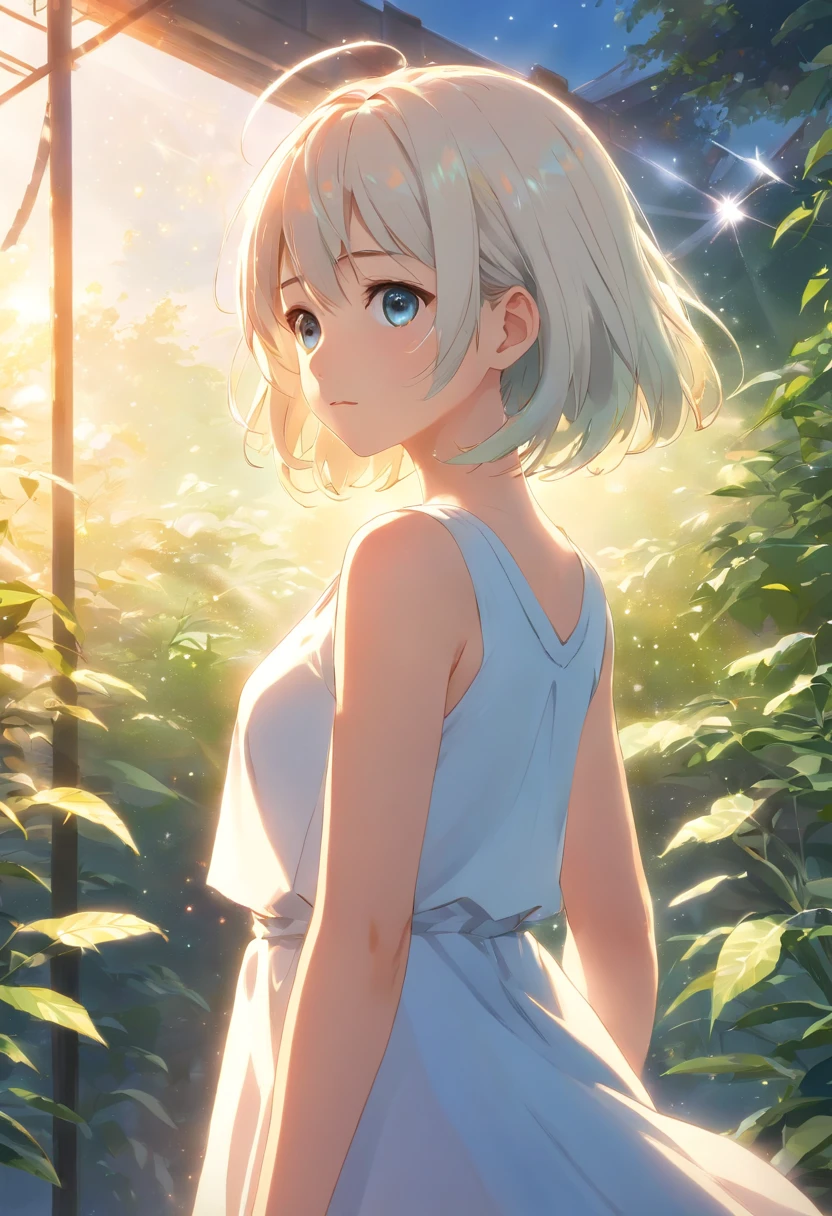 extremely detailed CG unity 16k wallpaper:1.1), (Denoising strength: 1.45), (tmasterpiece:1.37), watercolor, extremely detailed, 1girl, full body, beautiful detailed eyes, cute anime face, full body, beautiful detailed face, white hair, (Botanical illustration:1.5), white dress, god rays, sparkle, glowing light, masterpiece, best quality
