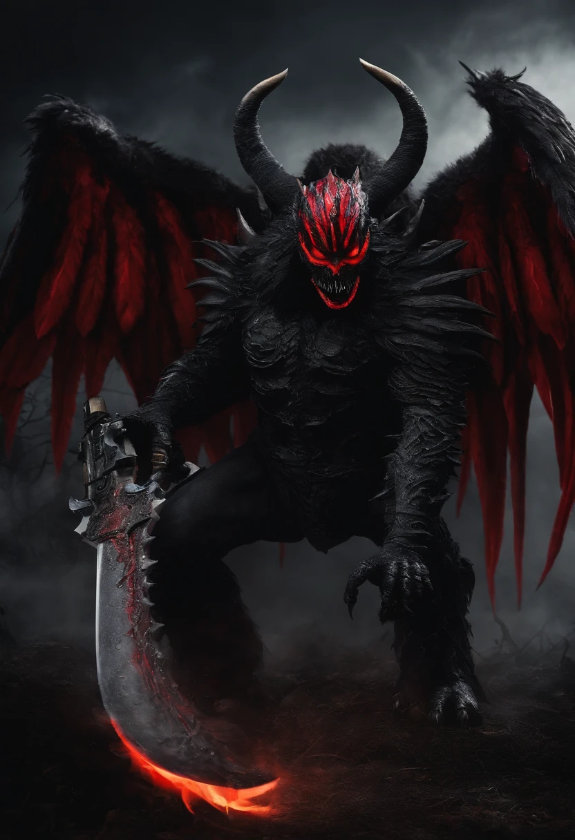 Black monster with 3 big red wings and chainsaw hands