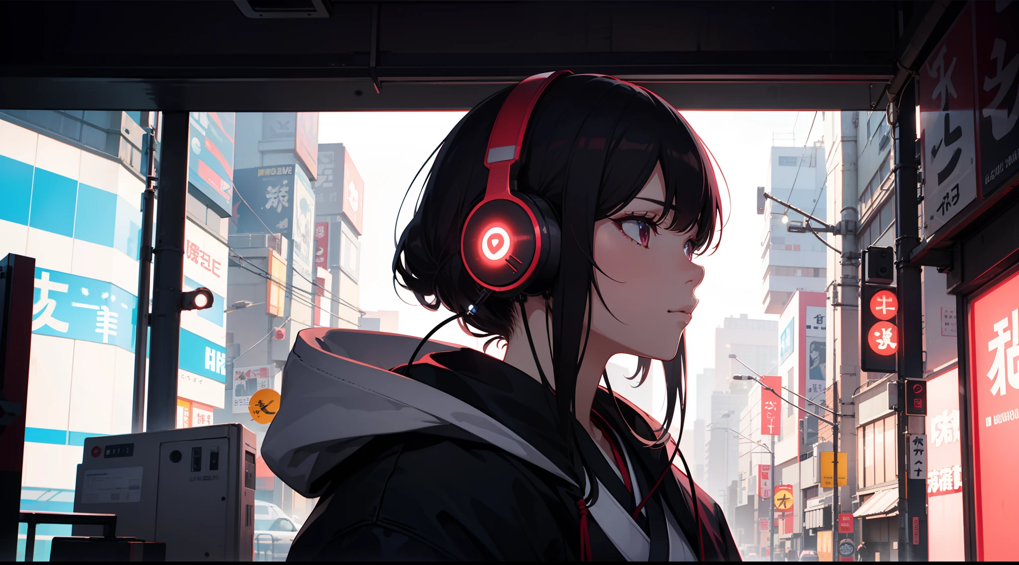 Cyberpunk, Red LED female samurai illustration profile, Wearing overhead headphones and looking down, Side view facing right, Background of the Japan in Tokyo, Provector, high detailing, Vibrant, Japan hologram symbol, Barcode Design, 4K, nffsw, masutepiece