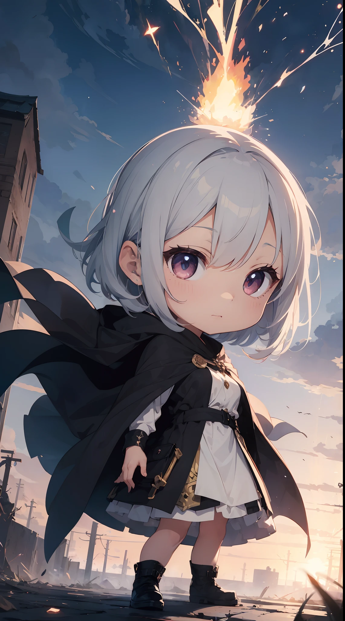 masutepiece, Best Quality, Detailed small breasts, Beautiful illustration, pastel color, Illustration style, Realistic skin feeling, Realistic materials、watercolor paiting, (Mysterious:1.4),  (1girl in, Solo:1.4), Cute, (Chibi:1.6),A kingdom that will surely fall ashes、A king who can materialize ashes to attack enemies, (Lifelike face:1.1)、 (surrealistic:1.3)、((full body Esbian))、perfect  eyes、(shinny skin:1.2)、(((hairstyle on)))、(((perfect hand)))、(highly detailed back ground)、((Moving background) )、((Lightning))、(llight rays)、((girl))、独奏、(Legendary magician:1.6)、skirt by the、Ankle length、I'm wearing a cloak、(((flowing cloak)))、((finely eye、quality eyes、Quality face))、(extremely intricate robes、magical robe)、bob cut  hair、Lightning、electricity、swirling fire、radiating power、spark of light、fumo、magia、((Dramatic))、epicd、battle field、Ruins、Detailed and deep ruins、Final Fantasy Yoshitaka Amano Background、Huge ruins on the plateau、depth of fields、Bokeh、16ｋ、Gothic dress wearing、embers、(Particle:1.5)、Blur the background