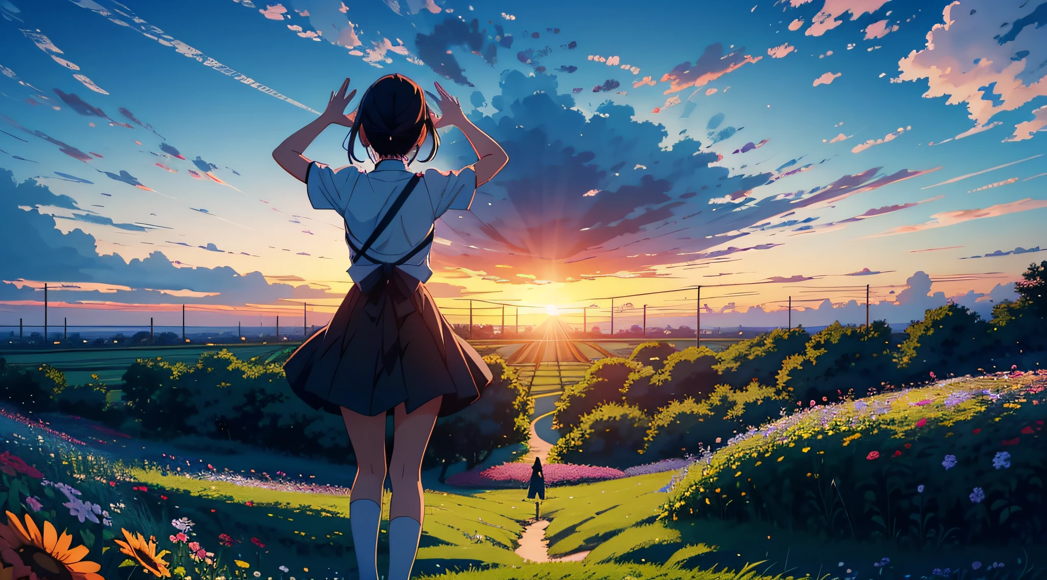 Fun anime girl in the middle of a very big flower garden, While watching the sun set on the horizon、Jump with your hands raised above your head. Her back is facing the camera. She is watching the sunset. Because the sky above is bluish、It's evening. Distant shots. 2D.
