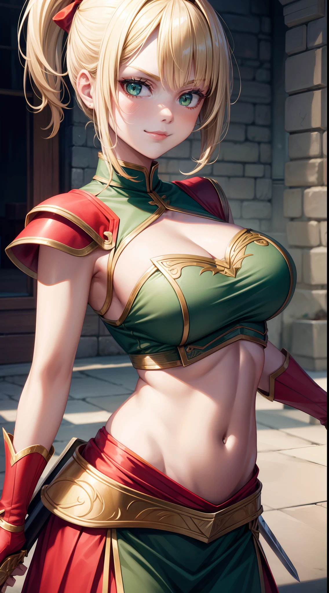 young girl, short blonde hair, high ponytail, Green eyes, Red Knight Uniform, Sleeveless, open shoulders, open belly, a sword, smirk, Masterpiece, hiquality, 4k, HD, Good detail
