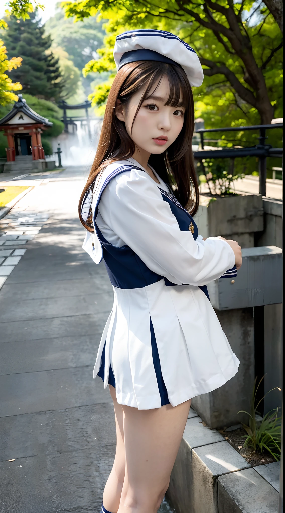 mix4, (16 K, Raw photography, Top image quality, masterpiece: 1.45), (realisitic, Photorealsitic: 1.37), one girls, 7.5, etc、Random hairstyle、Standing figure,Noon time slot、a very cute, Precincts of the shrine,, profetional lighting, photon maping, a park、physically-based renderingt, Gradient dark brown hair,, a handsome, Well-groomed and beautiful eyes、Large double eyelids、Very shiny、girl with, (((White long sleeve sailor suit worn by Japan high school girl、Dark blue collar、Dark blue mini skirt, Small gray beret、Dark blue knee-high socks、Black loafers))), Top Quality Photos, hight resolution, 1080p, (clearface), (Detailed face description), (Detailed hand description), (masterpiece), (Exquisite CG)、extreme light and shadows、dishevled hair、master work、abundant detail、(Fine facial features)、(top quality photo)、(masuter piece)、(A detailed eye)、Look in front of you、Fine clavicle、((Slender big))、(((Japan schoolgirl in long-sleeved sailor suit:0.7)))、((Ready Idol System))、((Precincts of the shrine、torii gate、Rushing water、Komainu))、(Shooting from random perspectives)、(((neat and cute)))、耳Nipple Ring、A big smile、Drawing the whole body from the knees、Do not draw nasolabial folds、(((Long-sleeved sailor suit)))、(Big breasts that hang down big:1.2)、Big buttocks with tension、Two arms and two legs、(((from the front side:0.7)))、bare hand、No mask、