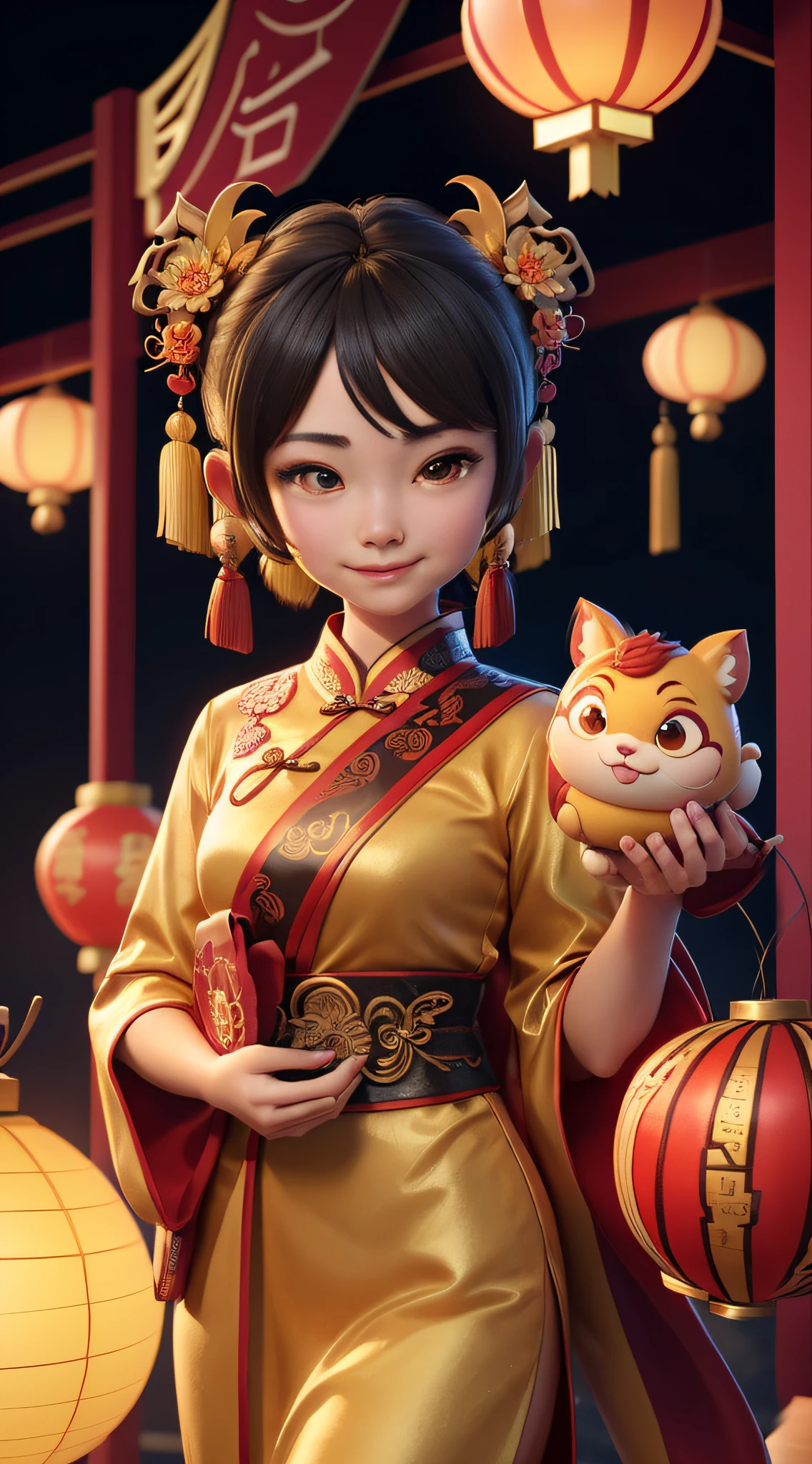 Chinese New Year,Mom and dad and kids,Take the gift,anime styled 3d, 8k high-quality detailed art,3 d render stylized, Small Chinese lantern and Chinese elements in the background,8K, cute 3 d render, Anime Stylization, Soft lighting,The light is earthy yellow,Sense of light and shadow