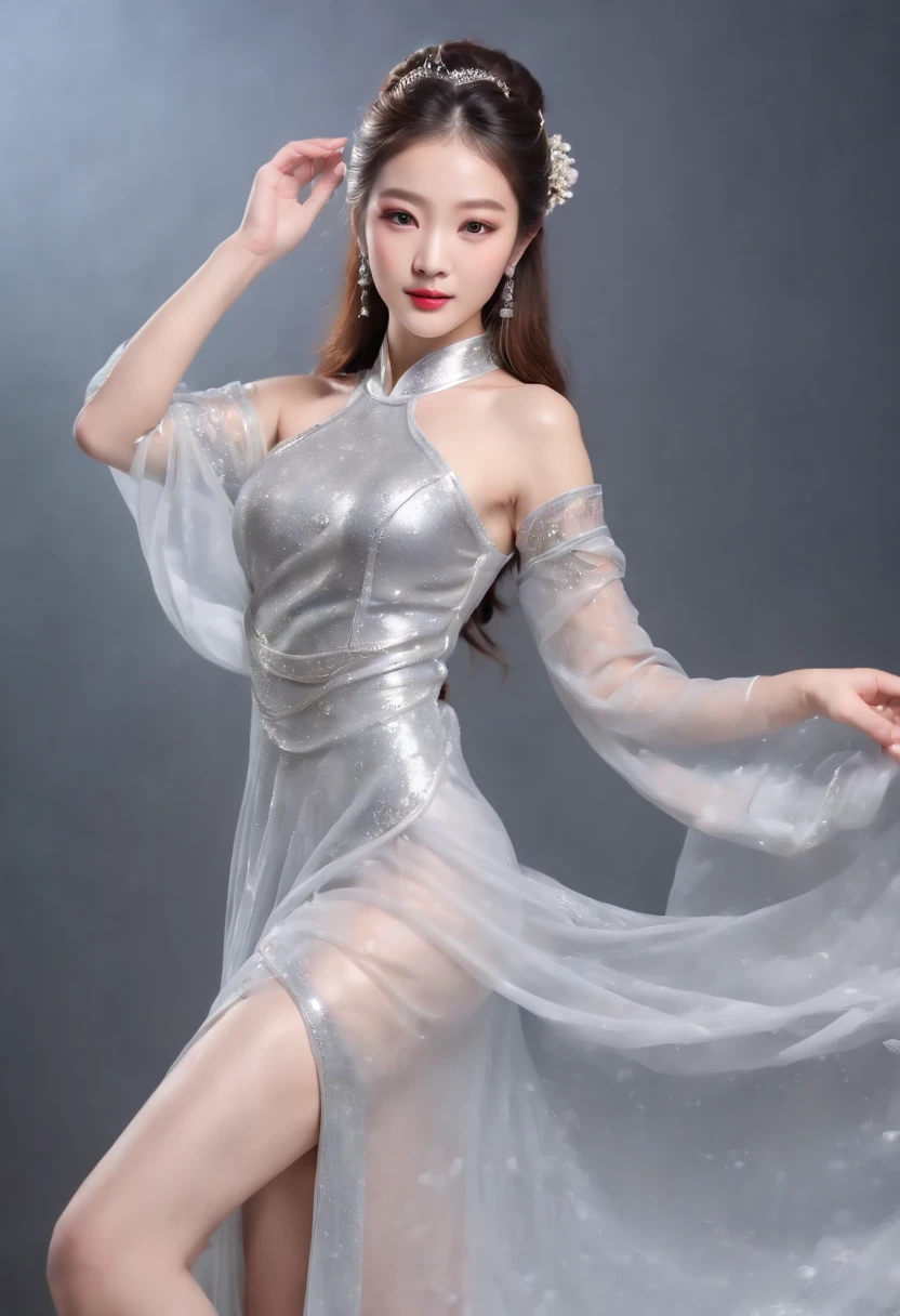 (A beautiful model who plays Diao Can in a Chinese epic drama, Beautiful long hair), Solo, ((The face is 80% Beauty and elegance, 20% prettyandcute:1.5)), (Her roots are in Eastern Europe and Asia), Clear eyes, (Detailed eyes, Light brown eyes, Bright pupils), Double eyelids, (sensual lip,A bit thick:1.2), Ultra-detailed and incredibly high resolution shiny silver water-sleeved garment, Highly detailed facial textures, (Exudes self-confidence:1.25), Striking body shape, curvy build,Very attractive woman, (Posture that emphasizes body shape:1.4), High resolution RAW color photo professional photo, Get rid of ultra-high resolution skin textures, High-resolution body rendering, Big eyes, Unbeatable masterpiece, incredibly high resolution, Super detailed, Shiny skin, Hollows in the skin, Seductive gaze, Stunning ceramic skin, Resting clothes are (Delicate and gorgeous classical Chinese dance shiny silver water sleeve costume:1.5) and ((Sheer shiny silver maxi dress,dances in the wind:1.5)), (The main color is shiny silver:1.5), (Classical Chinese dance costumes,The décor is exquisite and elegant:1.5), (Necklaces and bracelets that sparkle in lapis lazuli, The edges of the clothes also sparkle in lapis lazuli), (Dancing in the moonlight on a snowy night:1.5), Break ((The clothes flutter and flutter through the rotational movement of the right hand:1.5)), ((The hair flows with the right hand:1.5)), Break ((Best quality, 8K)), Clear focus:1.2, (layer cut, :1.2), (Beautiful woman with perfect figure:1.4), (Beautifully shaped breasts:1.3), Slender abs、Wet body:1.5, (The right hand shape:1.5), (NSFW:0.5)