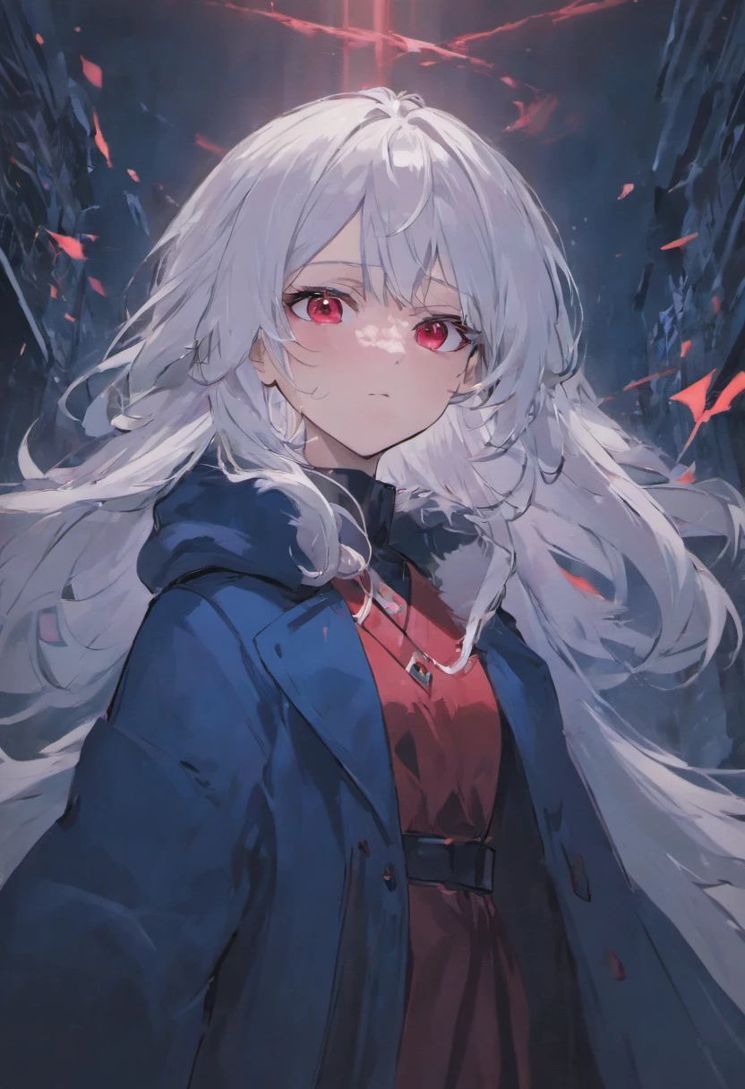 Woman, white hair, red eyes, cold , dark blue fur coat, emotionless face, war.
