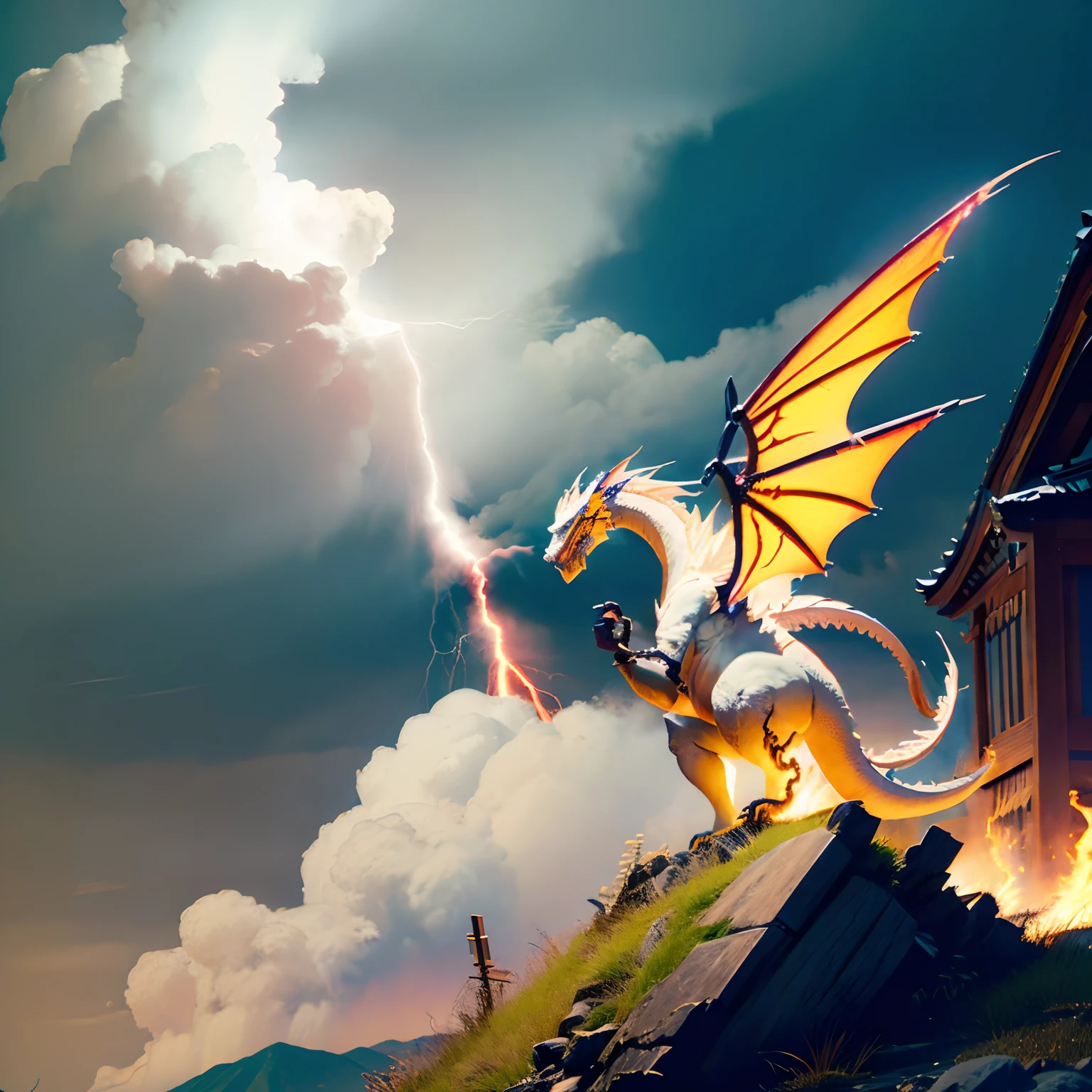 Lightning strike in the background、White Dragon、rage、Spit flame、Spread both wings