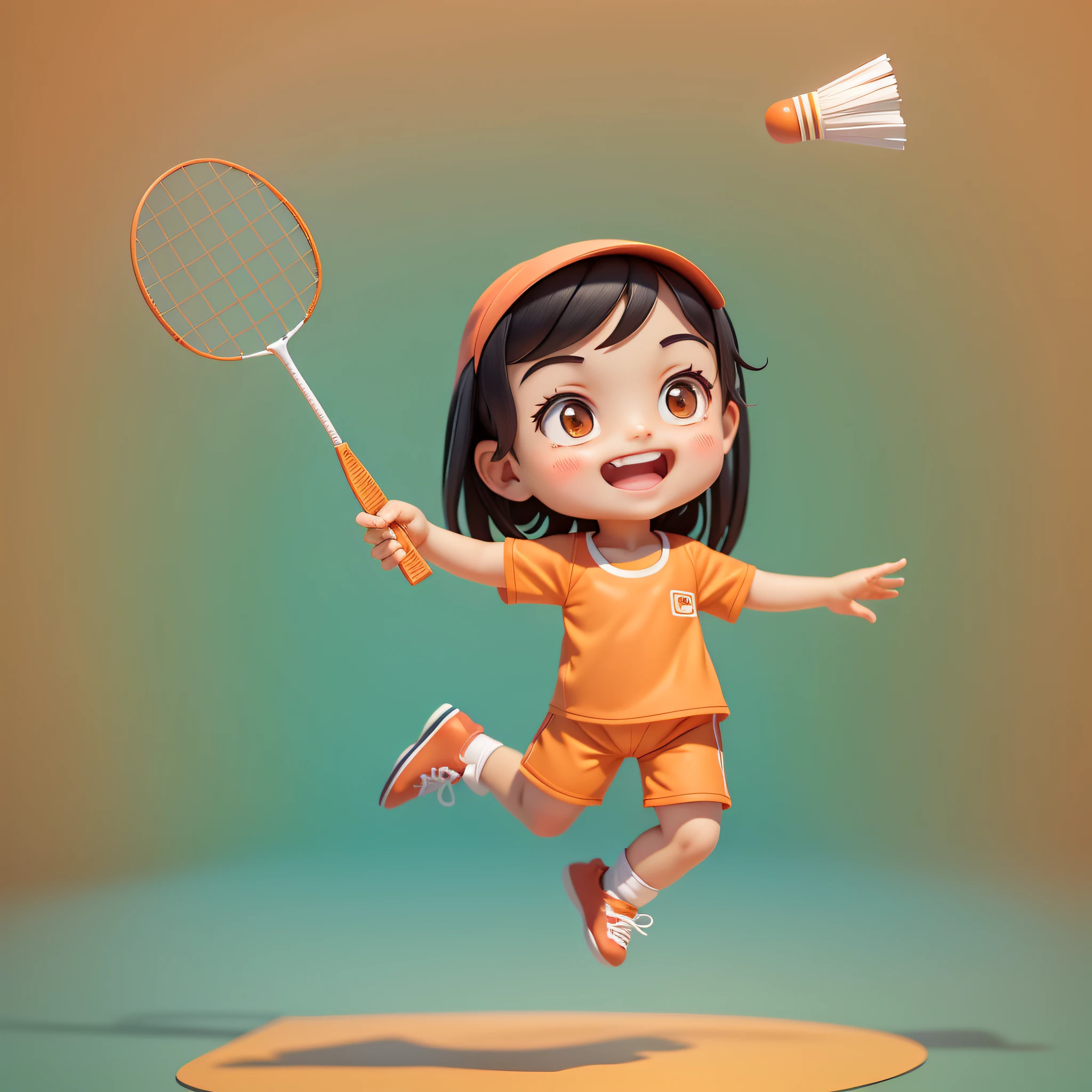 A girl play badminton, orange shirt, brown shorts, black hair, smiling, clean background,