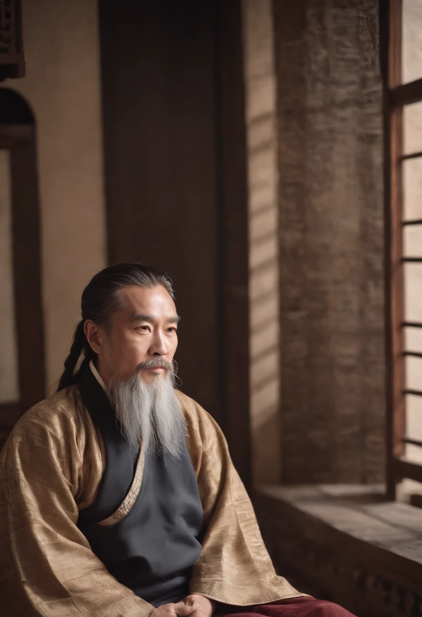 An ancient Chinese man，Homem de meia idade，Long beard，Half recumbent，Hanfu，Folding fan in hand，k hd，exteriors，8K，Masterpiece, Best quality, {Best quality}, {{Masterpiece}}, {A high resolution}, Focus,