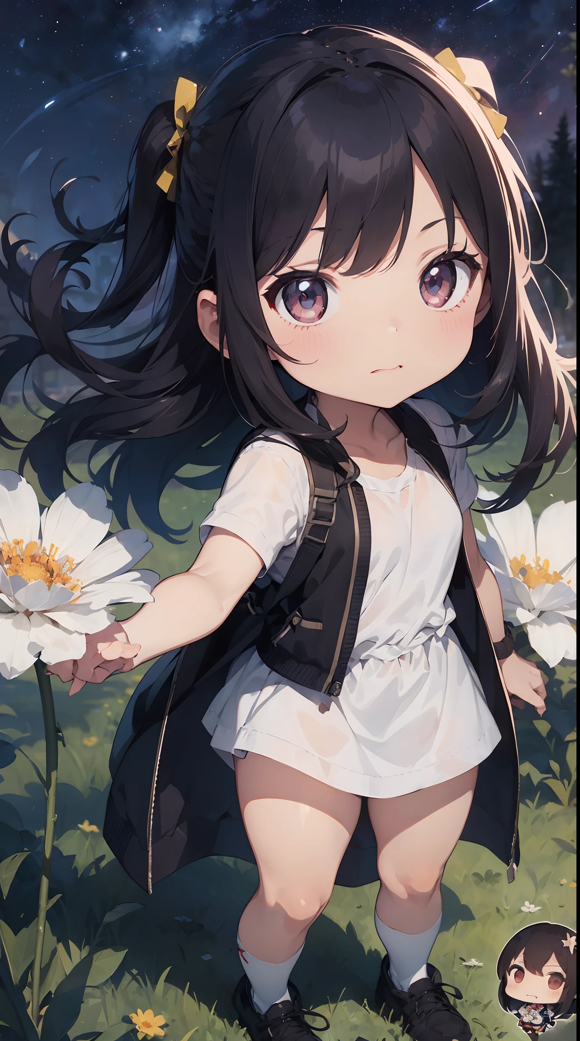 masutepiece, Best Quality, Detailed small breasts, Beautiful illustration, pastel color, Illustration style, Realistic skin feeling, Realistic materials、watercolor paiting, (Mysterious:1.4), Cosmos Field、 (1girl in, Solo:1.4), Cute, (Chibi:1.6),A kingdom that will surely fall ashes、A king who can materialize ashes to attack enemies, ((Writing line transparency Highest quality Best work Concept art.))
