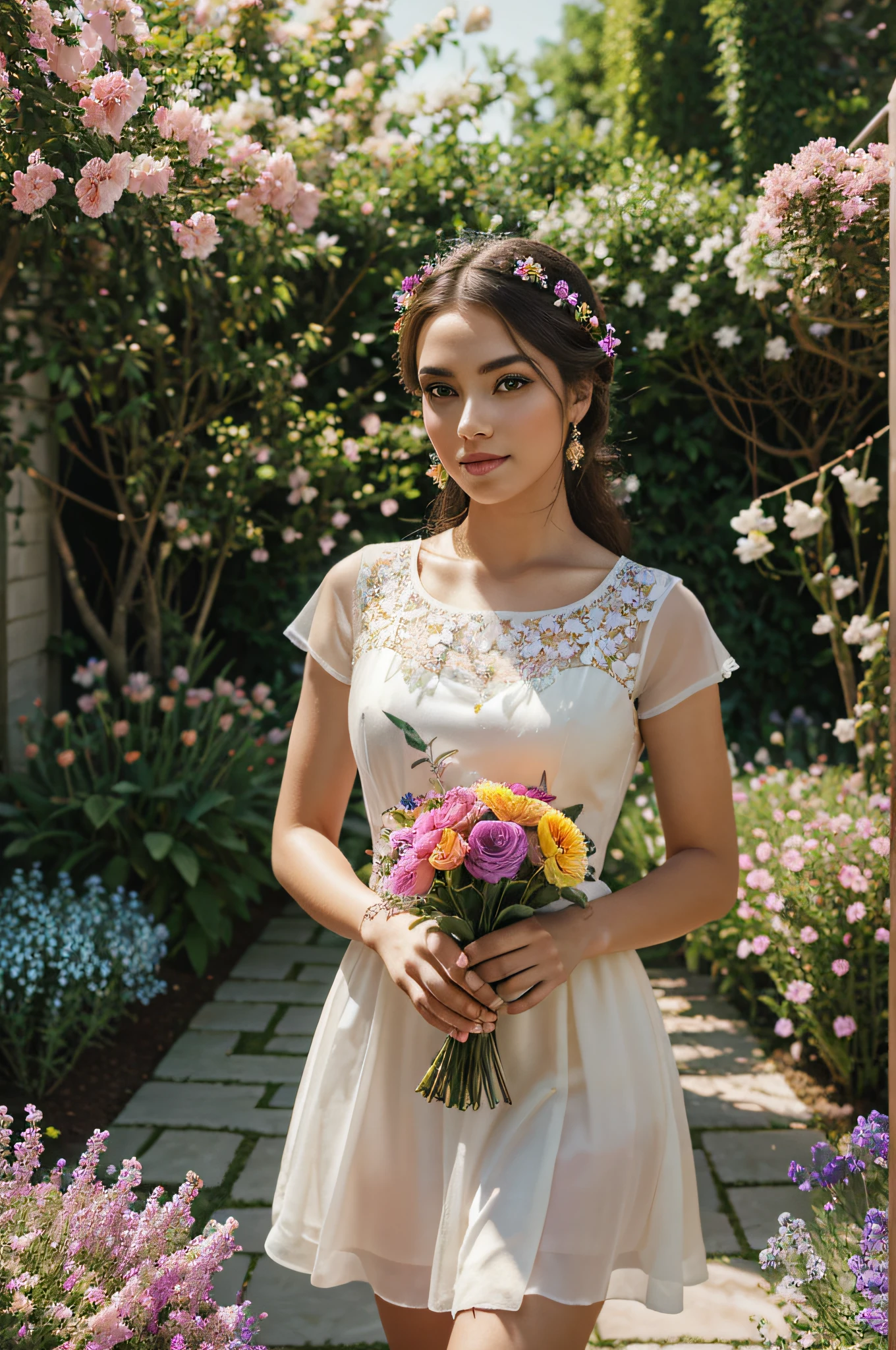 A girl in a garden,cubism art period style,beautiful detailed eyes,beautiful detailed lips,extremely detailed eyes and face,longeyelashes,3D rendering,ultra-detailed,sharp focus,highres,physically-based rendering,portraits,vivid colors,studio lighting,bokeh,subtle color palette,sunlit garden+magical atmosphere,flowing summer dress,posing gracefully,holding a bouquet of vibrant flowers,birds singing in the background