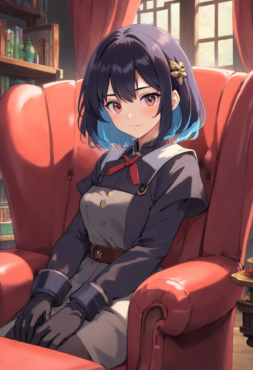 1girl, bangs, black eyes, black gloves, black hair, chair, coat, gloves, hair between eyes, looking at viewer, multicolored hair, own hands together, short hair, sitting, solo, streaked hair, symbol-shaped pupils, two-tone hair, white hair, x-shaped pupils, arlecchino, (genshin impact)