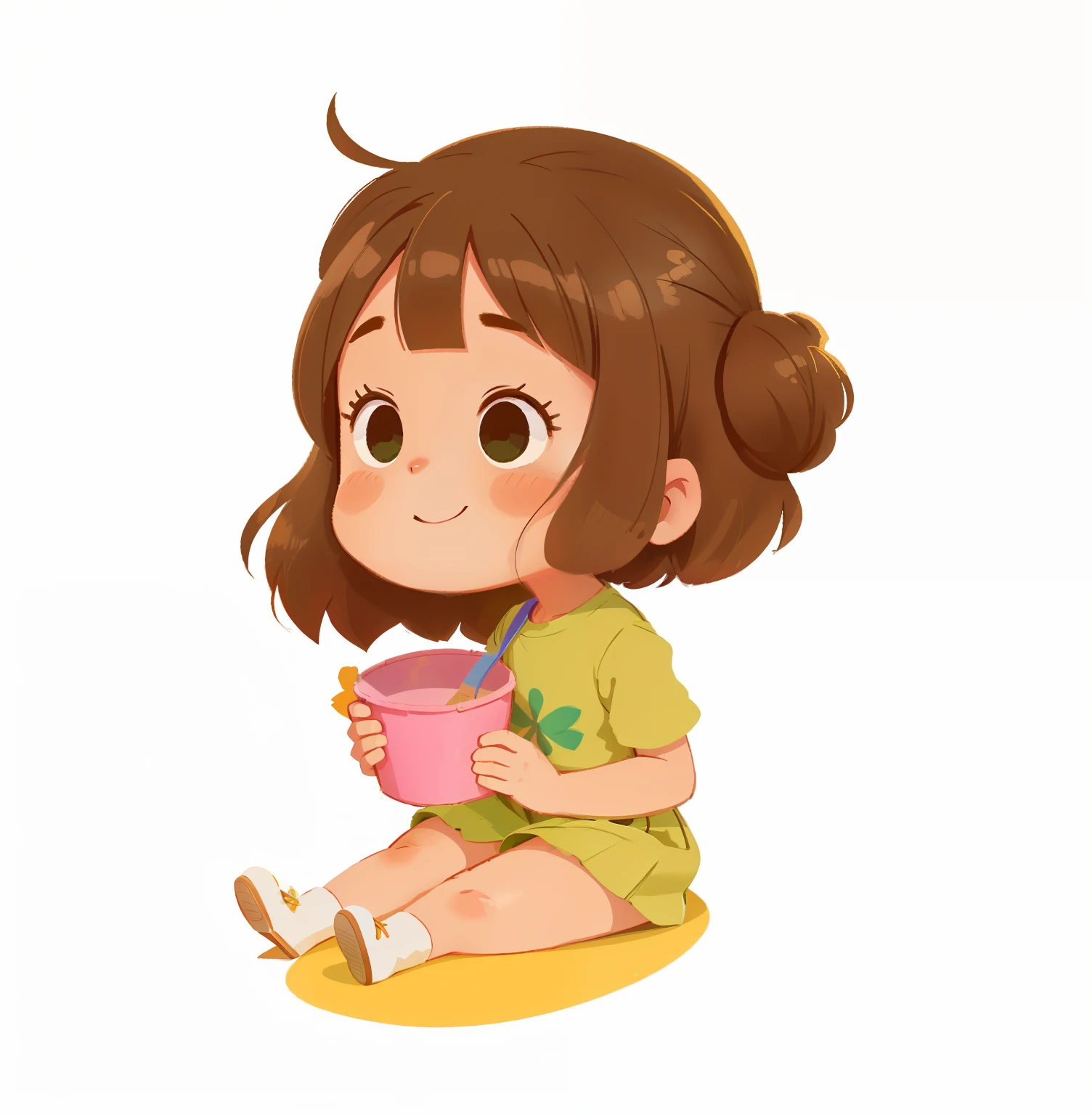 Cartoon girl sitting on the floor holding a bucket, menina com cabelo castanho, stands ((brincar)), The anime girl is sitting, expression of happy, brincando, fofo:2, cute illustration, vestido verde uma menina bonito, expression , menina anime jovem,