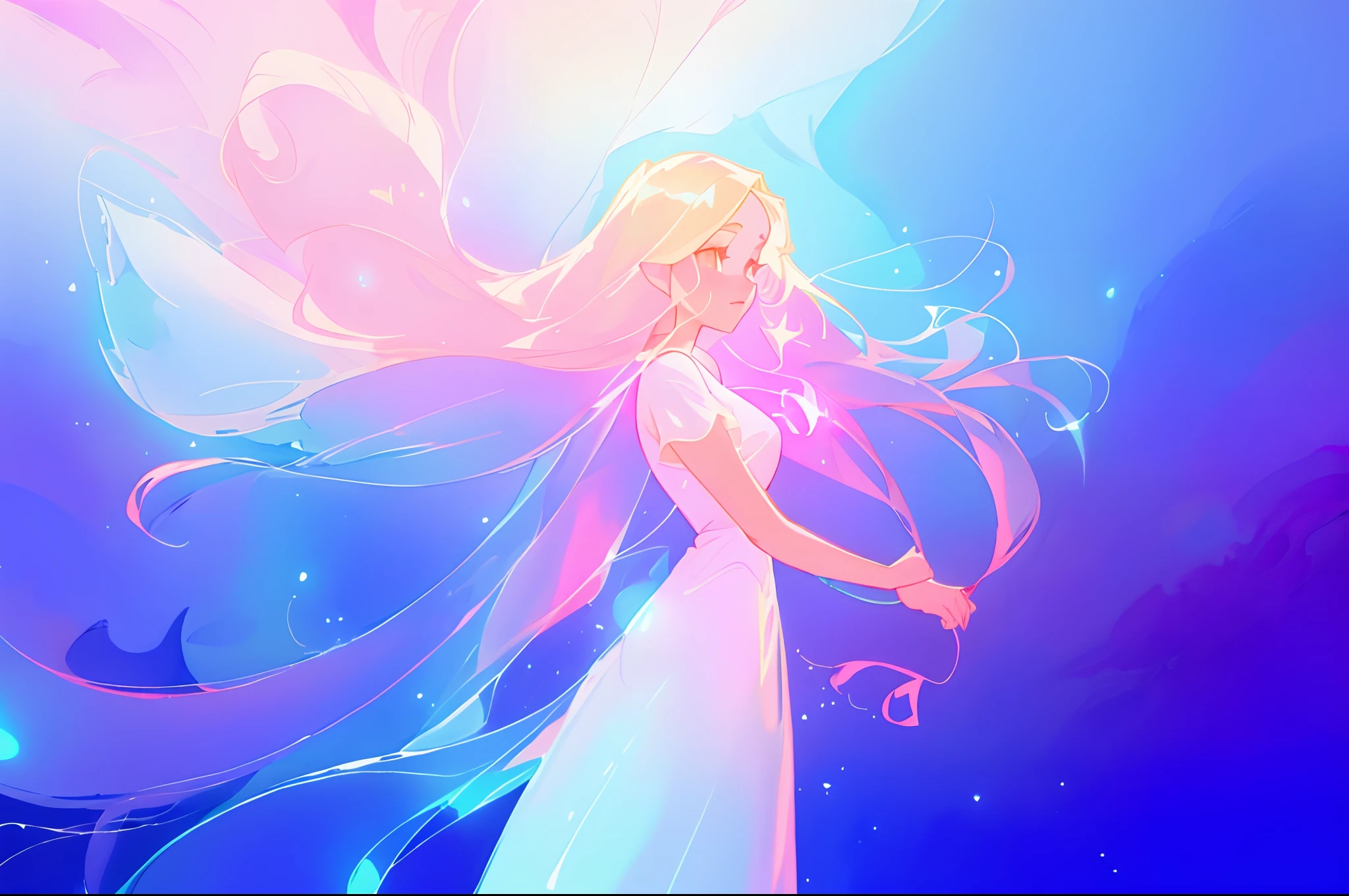 anime, a girl with long hair, in a white dress, holding a pink and blue ball, long glowing ethereal hair, glowing flowing hair, flowing glowing hair, anime girl with cosmic hair, beautiful young wind spirit, long glowing hair, beautiful anime art style, beautiful digital illustration, ethereal anime, a beautiful artwork illustration, blonde anime girl with long hair, inspired by Glen Keane, inspired by Lois van Baarle, disney art style, by Lois van Baarle, glowing aura around her, by Glen Keane, jen bartel, glowing lights