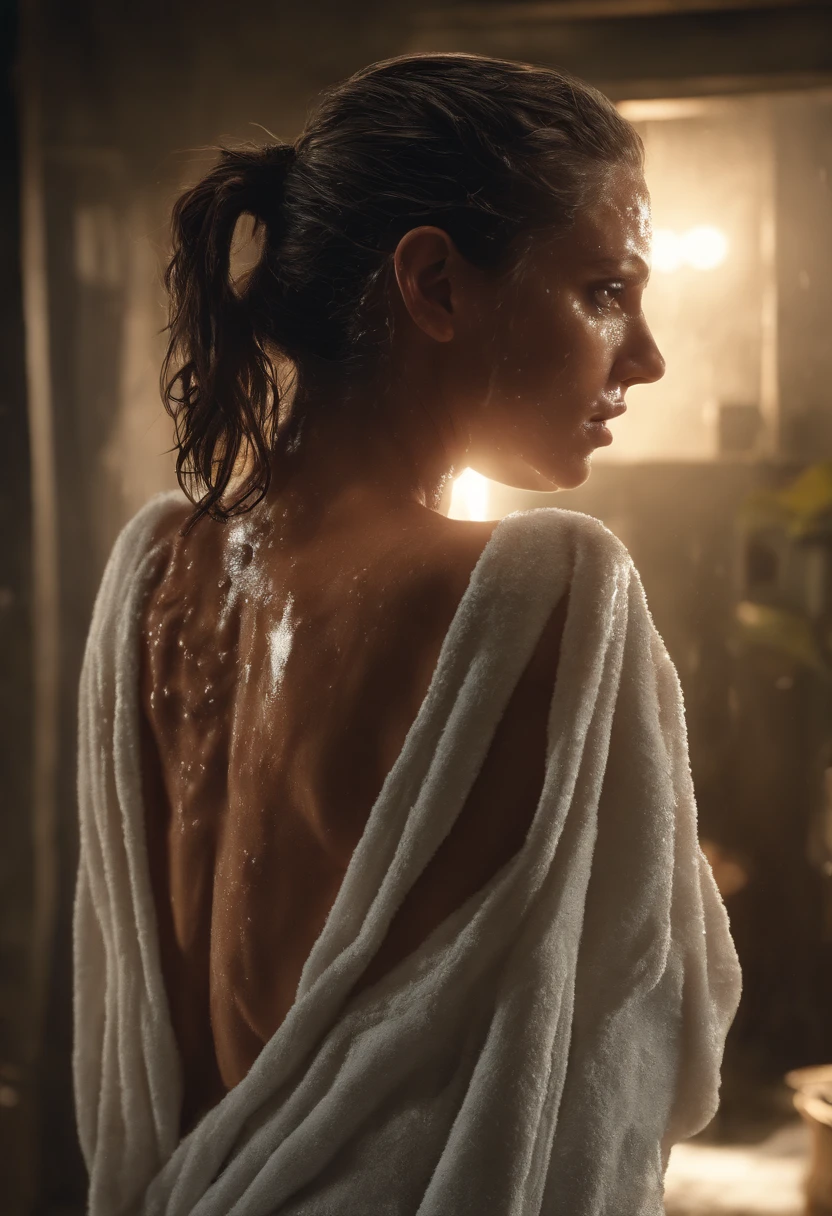 soaking wet Kaya Scodelario walking out of shower, wrap with a small white towel only, both hands on her head fixing hair-bun, no shoes, long legs, showing thighs, masterpiece, cinematic shading, cinmatic lighting, photo realistic, extremely detailed, photo realistic, RAW photo, high quality, highres, sharp focus, extremely detailed, cinematic lighting, 8k uhd