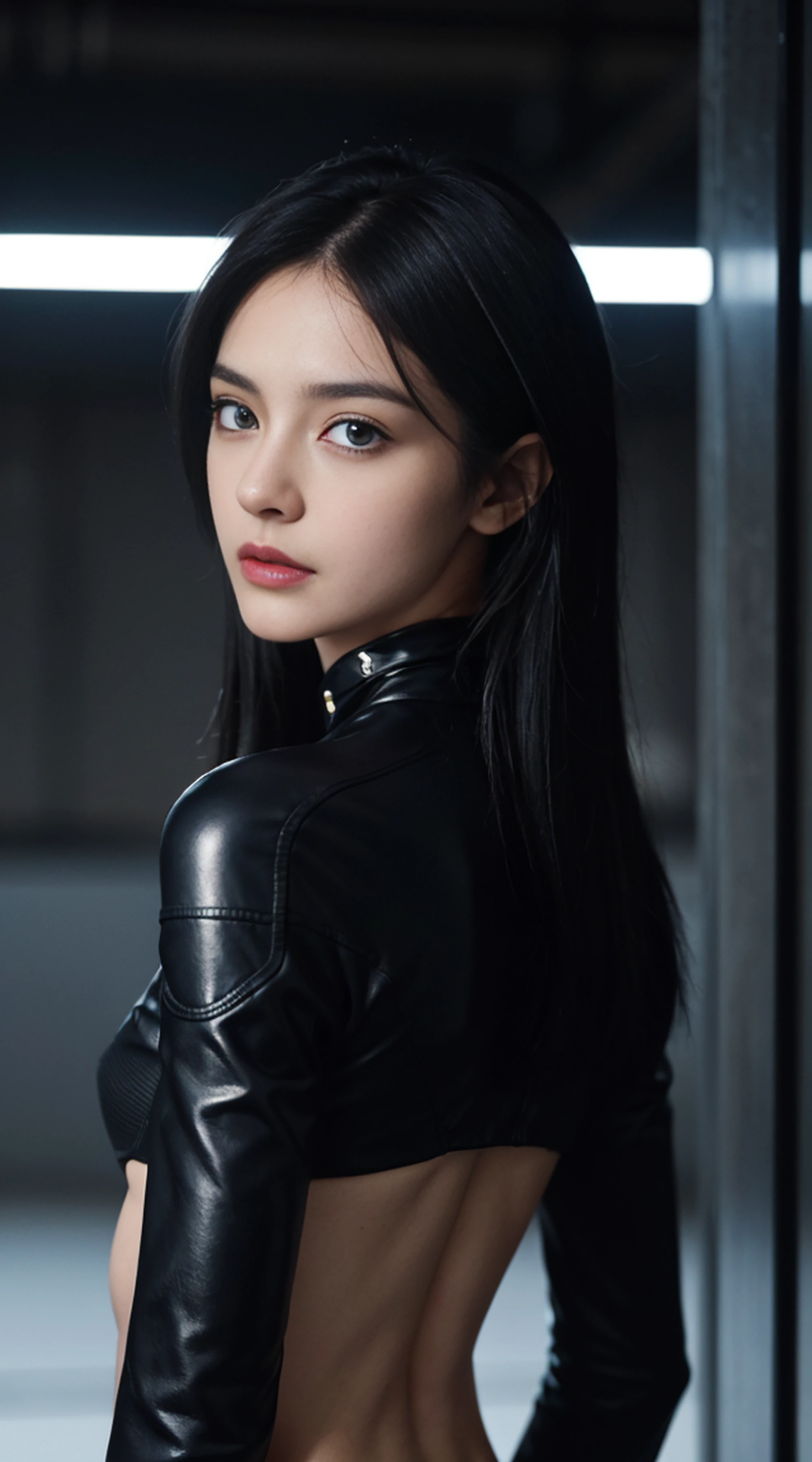 8K, Top Quality, Intricate Details, Ultra Detail, Ultra High Resolution, Masterpiece, ((close up shot)), shot from behind , looking away from viewer, Slender, not smile, (Makeup: 0.4), (Fluffy Blue Eyes: 1.21), blue Eyes,, ((full body)), 1girl, solo, 1 girl, (( full body)), close-up shot, standing ,looking away , holding gun, Photography from behind, ((tall)), (((fit body))), (((slim face))), sharp face, sharp eyes, ((( black hair, long hair ))), (detailed face), sharp face, small lips, thin lips,
(( cyberpunk female, woman in a futuristic suit )), detailed face, detailed breast, , large breast, detail, , Beautiful girl with accentuated slender abs: 1.4, Six Pack Abs: 1.4, Bust Botox, Big, Perfect Body, detail leg, ),, cyberpunk background,