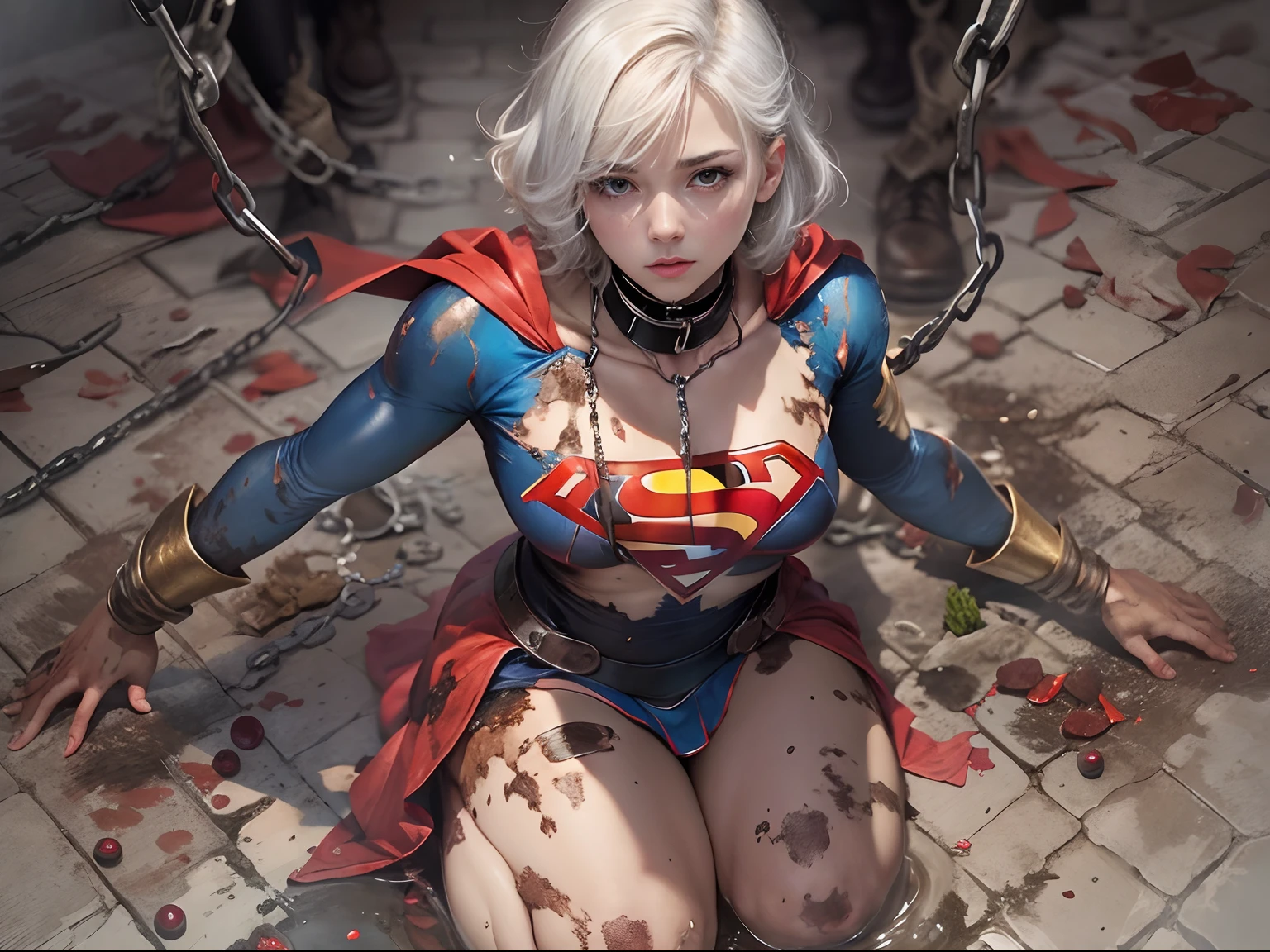 masterpiece、Chained to the dungeon、Short-haired Supergirl kneeling barefoot、large full breasts、Looking at the camera、Glossy costume、Tattered costume、a choker、humiliated、Mud stains、Sex slaves