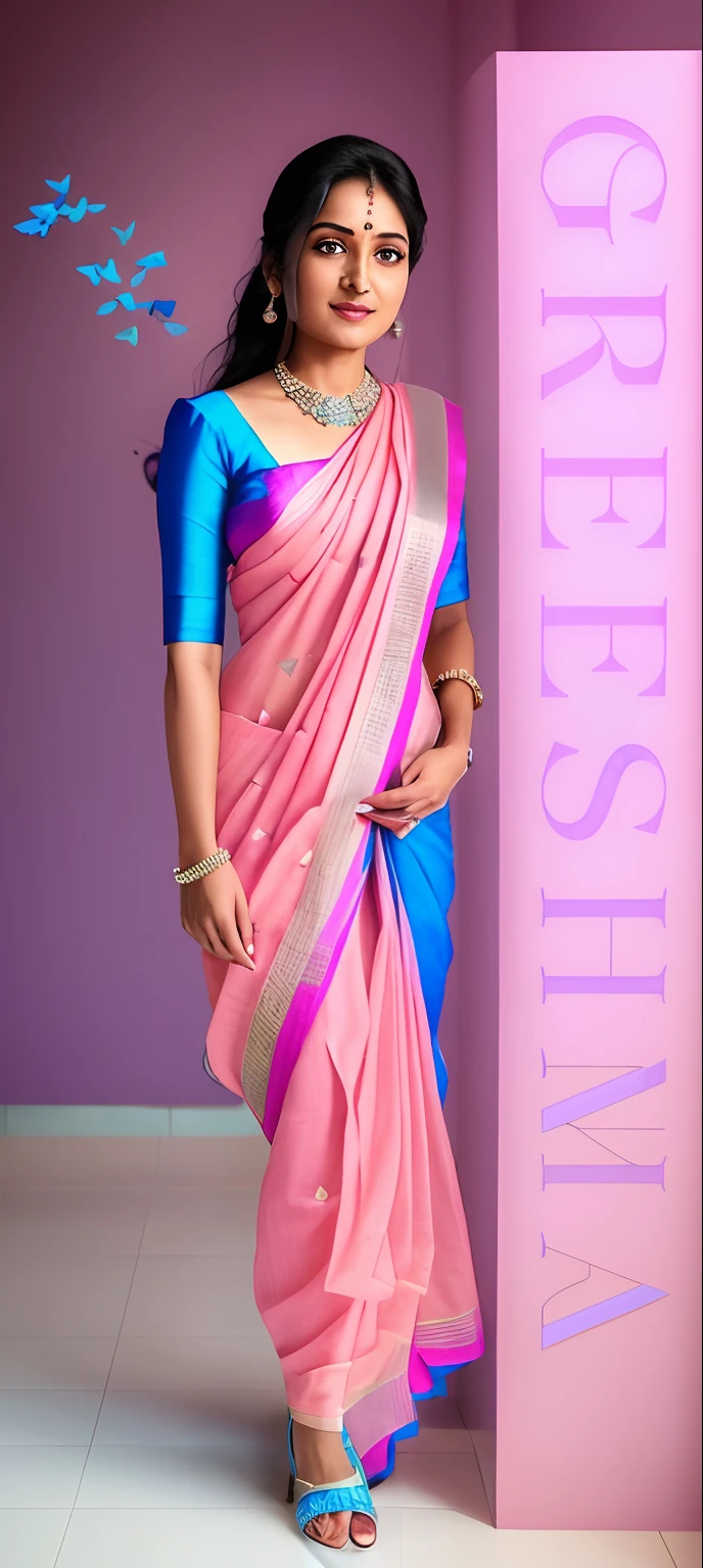 a close up of a woman in a blue and pink sari, wearing sari, inspired by T. K. Padmini, wearing a sari,flowers near by, butterflies all around flying, accurate face, cinematic, realistic, hyper realistic, 8k