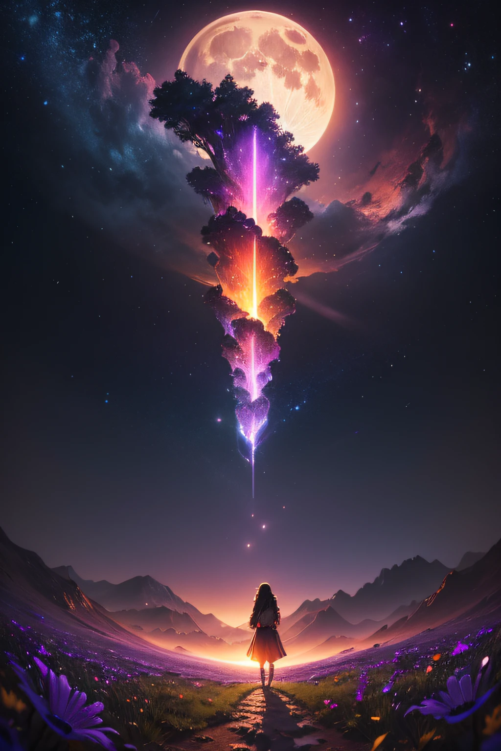 expansive landscape photograph , (a view from below that shows sky above and open field below), a girl standing on flower field looking up, (full moon:1.2), ( shooting stars:0.9), (nebula:1.3), distant mountain, tree BREAK
production art, (warm light source:1.2), (Firefly:1.2), lamp, lot of purple and orange, intricate details, volumetric lighting BREAK
(masterpiece:1.2), (best quality), 4k, ultra-detailed, (dynamic composition:1.4), highly detailed, colorful details,( iridescent colors:1.2), (glowing lighting, atmospheric lighting), dreamy, magical, (solo:1.2)