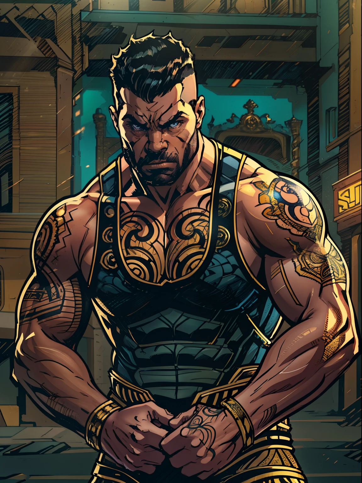 ((32k UHD high detail)), (((PivaArts))), [WWE wrestler], (upper body), strong build, muscular physique, intense expression, determined look, [brown eyes], captivating gaze, [short hair], neatly styled, urban backdrop, cityscape, [cartoon style], bold lines, exaggerated proportions, vibrant colors, [HQ style], high-quality rendering, impeccable detailing, [comic style], dynamic poses, action-packed scenes, [extreme light], dramatic lighting, contrasting shadows, [intricate], intricate costume design, intricate tattoos, [8k resolution], ultra-high resolution, realistic textures, fine details, style sigma +85mm lens f/3.5 (pivaarts)