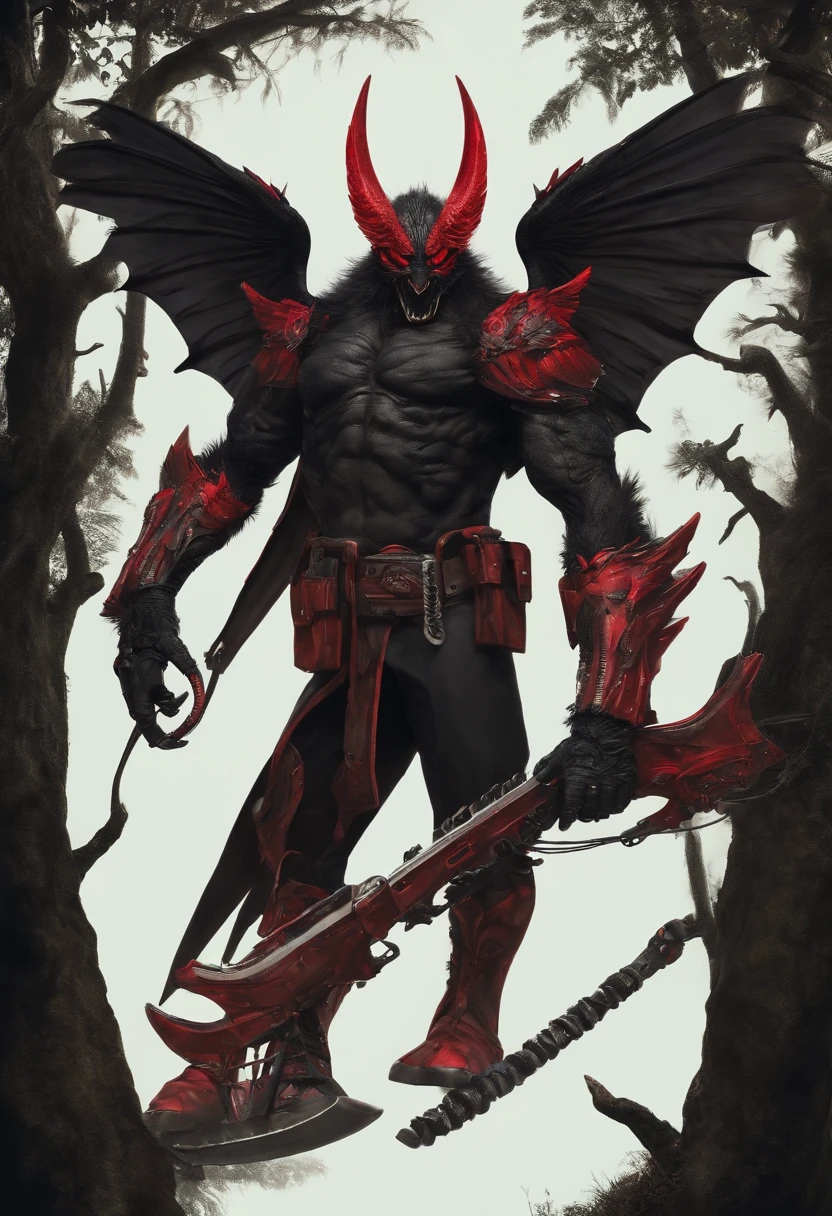 Black monster with 3 big red wings, one red visor, one long tail and chainsaw hands