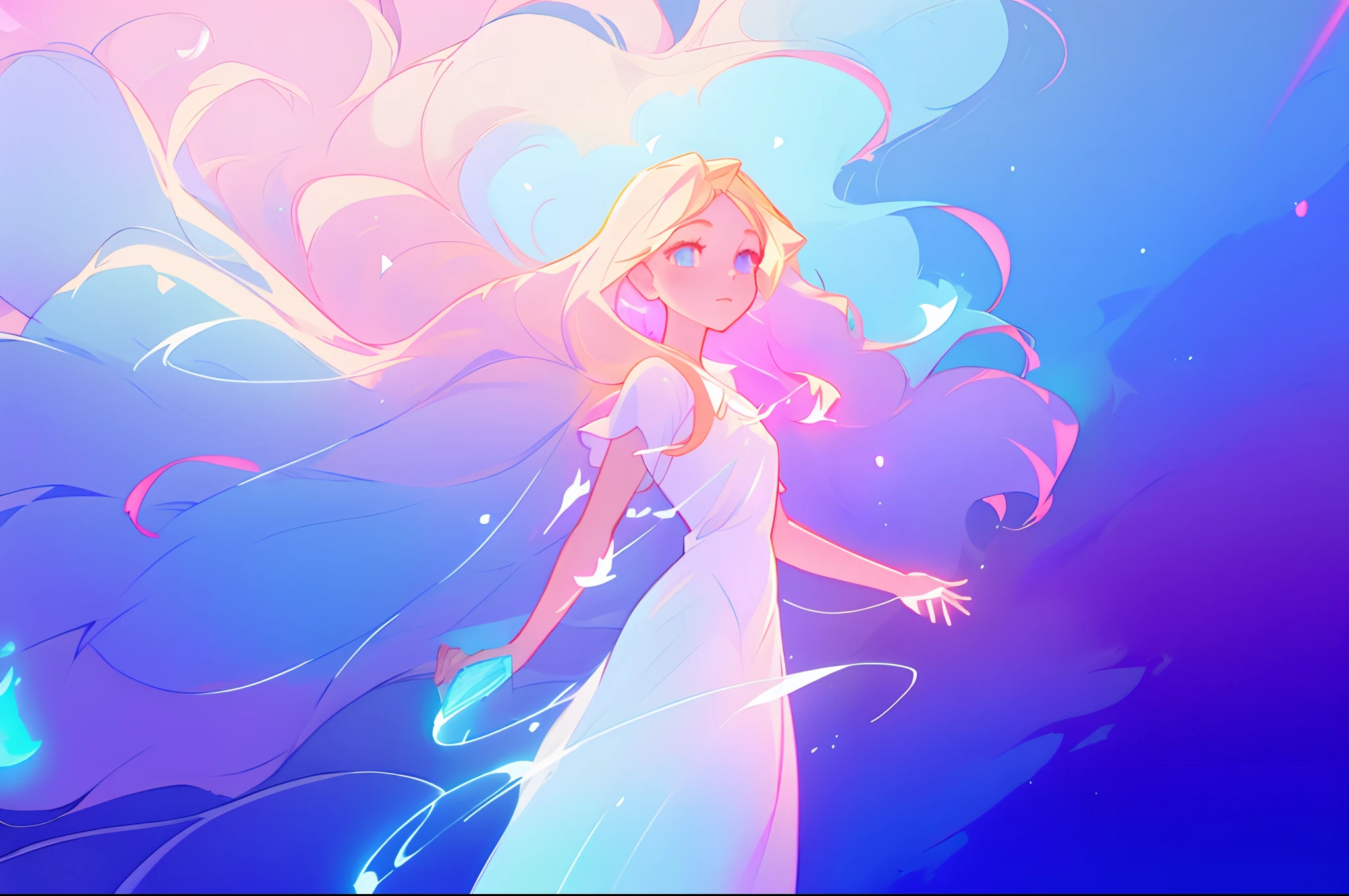 anime, a girl with long hair, in a white dress, holding a pink and blue ball, long glowing ethereal hair, glowing flowing hair, flowing glowing hair, anime girl with cosmic hair, beautiful young wind spirit, long glowing hair, beautiful anime art style, beautiful digital illustration, ethereal anime, a beautiful artwork illustration, blonde anime girl with long hair, inspired by Glen Keane, inspired by Lois van Baarle, disney art style, by Lois van Baarle, glowing aura around her, by Glen Keane, jen bartel, glowing lights