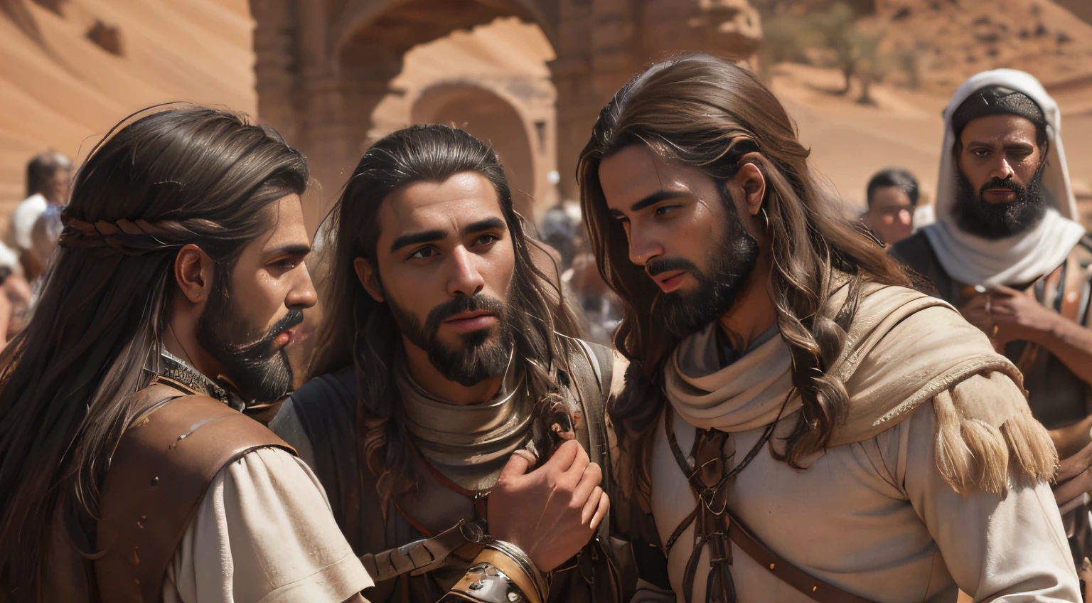 many men, fotografia, retrato biblico de moises conversando com muitos homens da sua tribo em duna, com moises no centro do circulo, muitos homens a volta, deserto, barba, trajes biblicos, realista, absurdos, detalhado,