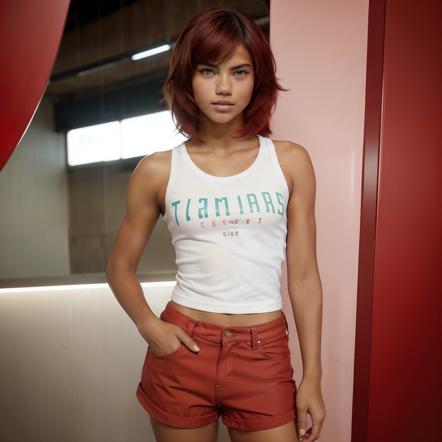 A Photo Of One Young Teen Girl, ((Tupi Guarani Girl)), ((Tupinambá)), ((Teenager)), ((15 Years Old)), ((Tanned Skin Tone)), ((Face Features Of Taylor Lautner and Adriana Lima)), ((Long Pixie Cut Hair)), (Straigth Hair), ((Dyed Red Hair Color)), Flowy Hairstyle, Pores, Realistic Skin, (Green Eyes), Wearing Makeup, ((Wearing Tomboy Clothes: 1.0)), Tomboy Style, Streetwear Clothing, Futuristic Background, Face Focused, Portrait, Looking at the viewer