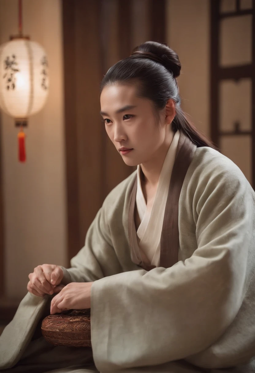 An ancient Chinese man,Homem de meia idade,Long beard,hair-bun,Bunched hair,Half recumbent,Hanfu,Folding fan in hand,k hd,exteriors,8K,Masterpiece, Best quality, {Best quality}, {{Masterpiece}}, {A high resolution}, Focus,Traditional Chinese interior,