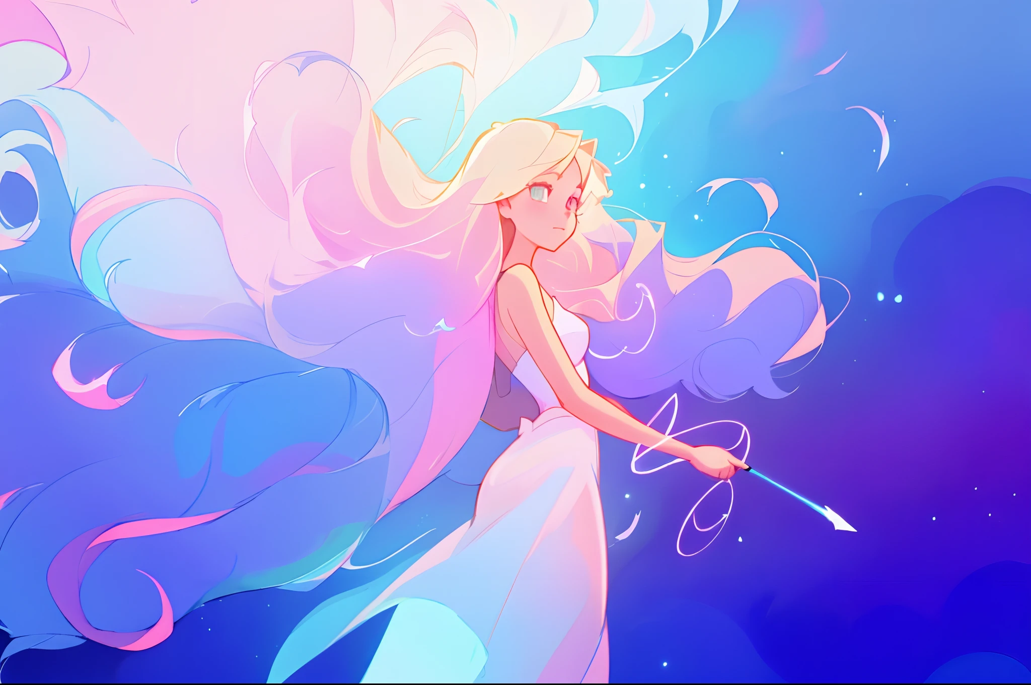 anime, a girl with long hair, in a white dress, holding a pink and blue ball, long glowing ethereal hair, glowing flowing hair, flowing glowing hair, anime girl with cosmic hair, beautiful young wind spirit, long glowing hair, beautiful anime art style, beautiful digital illustration, ethereal anime, a beautiful artwork illustration, blonde anime girl with long hair, inspired by Glen Keane, inspired by Lois van Baarle, disney art style, by Lois van Baarle, glowing aura around her, by Glen Keane, jen bartel, glowing lights