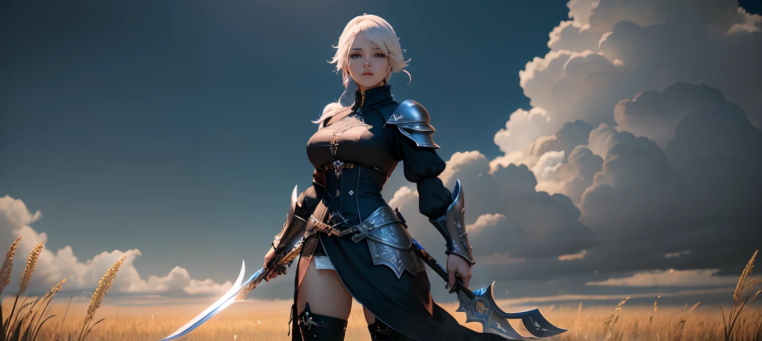 there is a woman standing in a field with a sword, from lineage 2, lineage 2 revolution style, tranding on pxiv, blade and soul, <mmorpgs scene, 2b, 2 b, thancred waters in style of wlop, ornate korean polearm behind her, final fantasy 14 style, korean mmo, from ncsoft