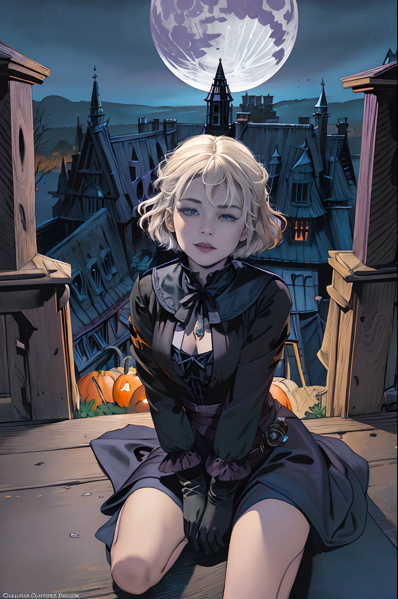 Top image quality、masterpiece、Vivid coloring、Arthur Rackham's style、Halloween、Aerial perspective、thirds rule、Nordic wearing a witch's hat1People Beautiful Girl、slightly smaller eyes、Pretty small face、Light makeup、Platinum blonde short hair、middlebreasts、tall、Sitting on the roof、Full body like、Wearing a witch's hat on your head、cloaks、Black Gloves、long-sleeve、gothic dress、Bright pumpkin lantern、the bats、Old mansion、Stone walls、fullmoon
