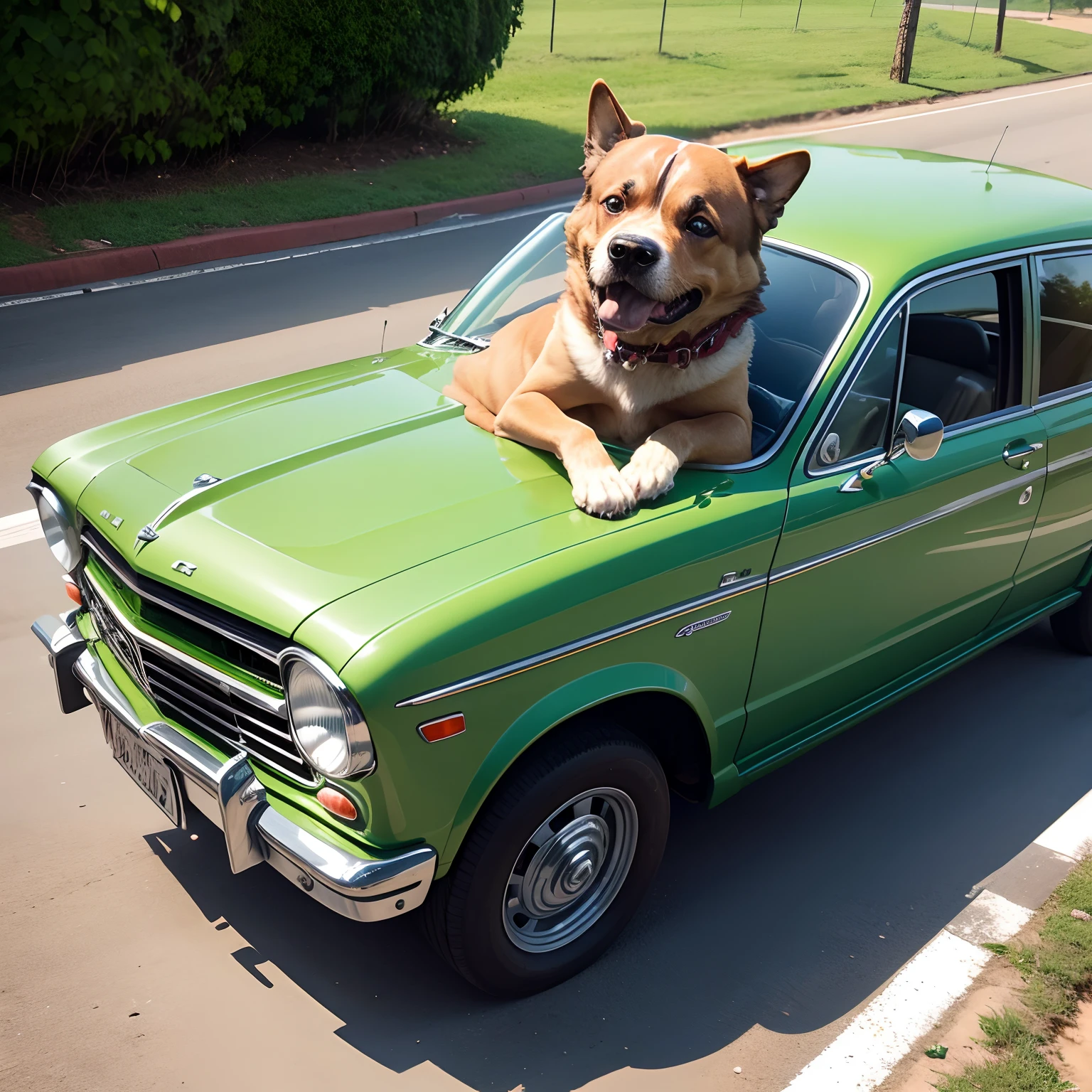 Cachorro dirigindo um carro verde