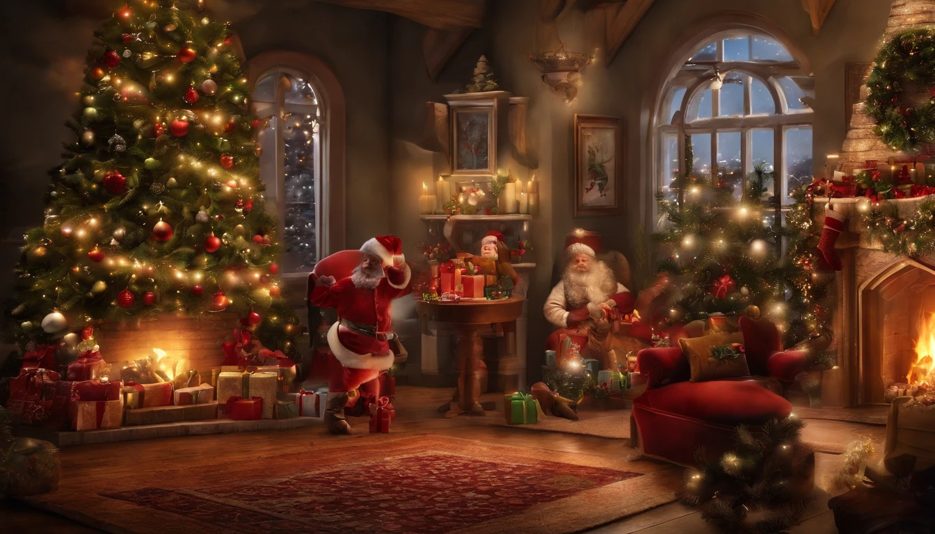 Mainly Christmas theme，Rich and super interesting content，（Santa Claus，Reindeer，Christmas Elves，Naughty Children，Nice Children）Painting way display，Super HD，ultra-detailliert，rendering，  high details  high quality --aspect 16:9