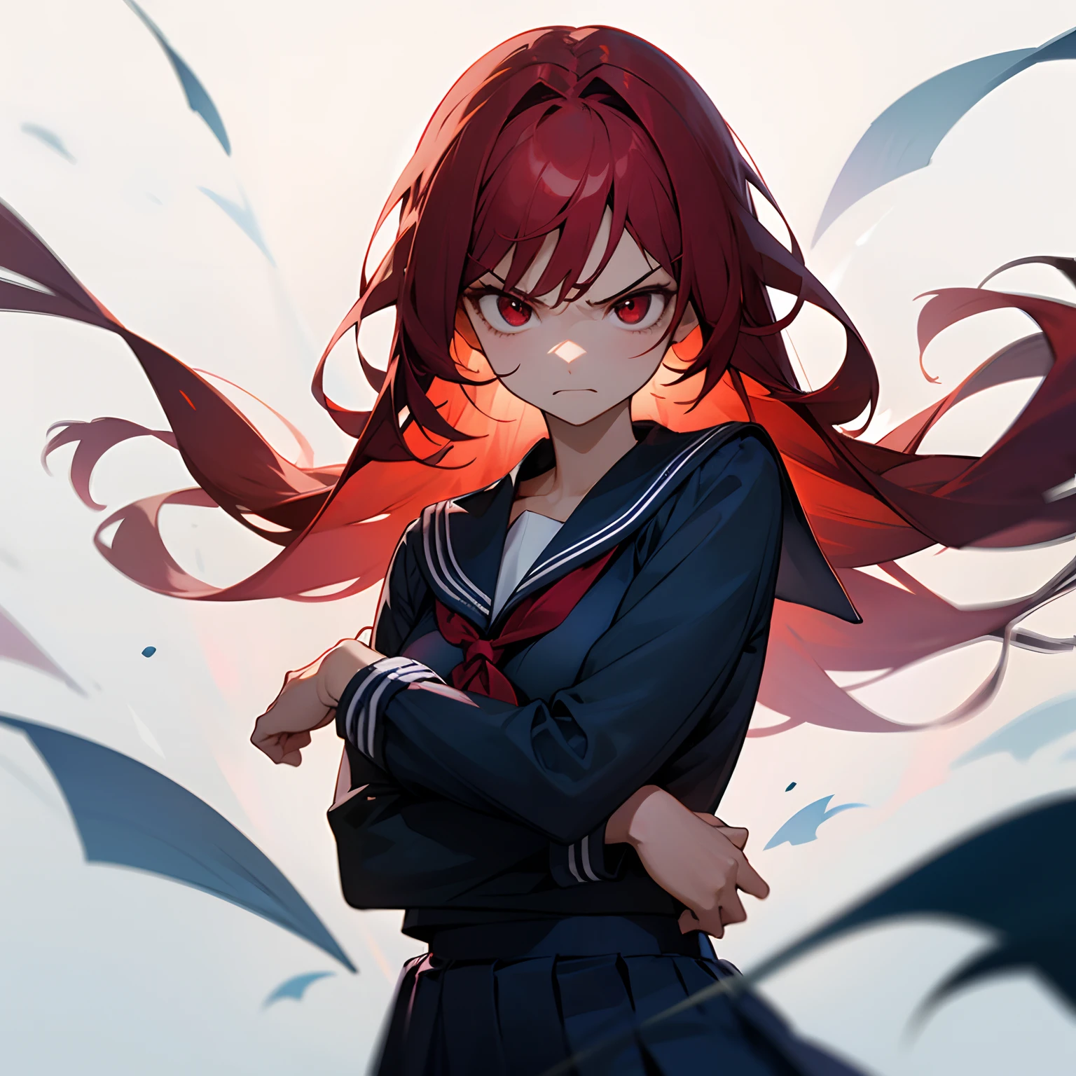 Semi-long red hair、Beautiful schoolgirl、a beauty girl、Navy blue sailor suit、white plain background、Red Eyes、angry expressions、Upper body is shown、