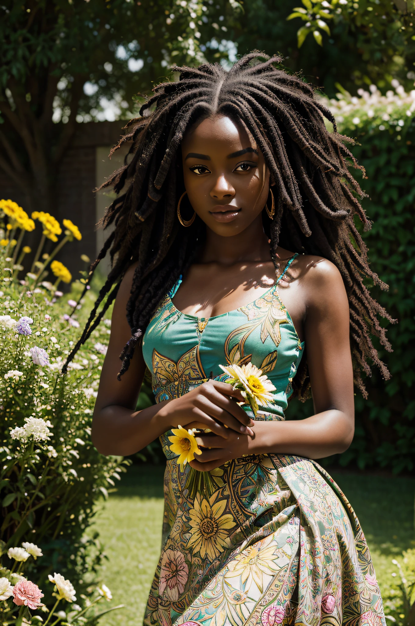 A girl in a garden, African, Dark skin, Dreads, cubism art period style,beautiful detailed eyes,beautiful detailed lips,extremely detailed eyes and face,longeyelashes,3D rendering,ultra-detailed,sharp focus,highres,physically-based rendering,portraits,vivid colors,studio lighting,bokeh,subtle color palette,sunlit garden+magical atmosphere,flowing summer dress,posing gracefully,holding a bouquet of vibrant flowers,birds singing in the background