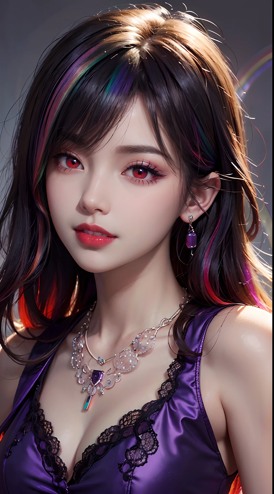 (masutepiece: 1.3), (max resolution: 1.2), (Ultra HDTV: 1.2), cinematric light,  Detailed eyes and skin, detailed facial features, , 8K resolution, (Sharp Focus: 1.2, Perfect Style, Beautiful face, acurate, Anatomically correct, Highly detailed facial and skin texture, Detailed eyes, Double eyelids, Thin eyebrows, Glitter Eyeliner: 1.2, Natural cheeks, shinny skin, Fair skin: 1.2, shiny little necklace and earrings, (Glossy lips: 1.4), (Cutting-edge clothing:1.2)、 (mischievous look: 1.2),Little Devil Woman , Highly detailed facial and skin texture, Detailed eyes, Double eyelids, large shiny earrings, shiny lips: 1.4,Exposed cleavage，Full-body angle of view，Beautiful eyes， Long, A sexy，Have sex appeal，Dynamic field of view，Pose Seductive，Physical beauty。