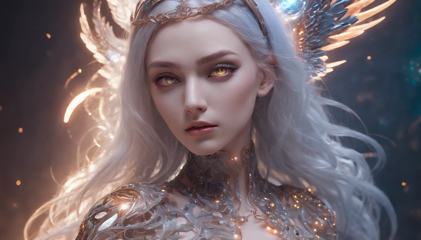 Cosmic Fallen Angel, glowing light eyes, Delicate and beautiful face，Bigchest，Biomechanical, eerie, Dream-like, Very bright colors, Light particles, with light glowing, Mshiv, wallpaper art, UHD wallpaper