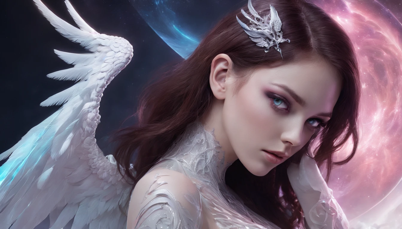 Cosmic Fallen Angel, glowing light eyes, Delicate and beautiful face,Bigchest,Biomechanical, eerie, Dream-like, Very bright colors, Light particles, with light glowing, Mshiv, wallpaper art, UHD wallpaper