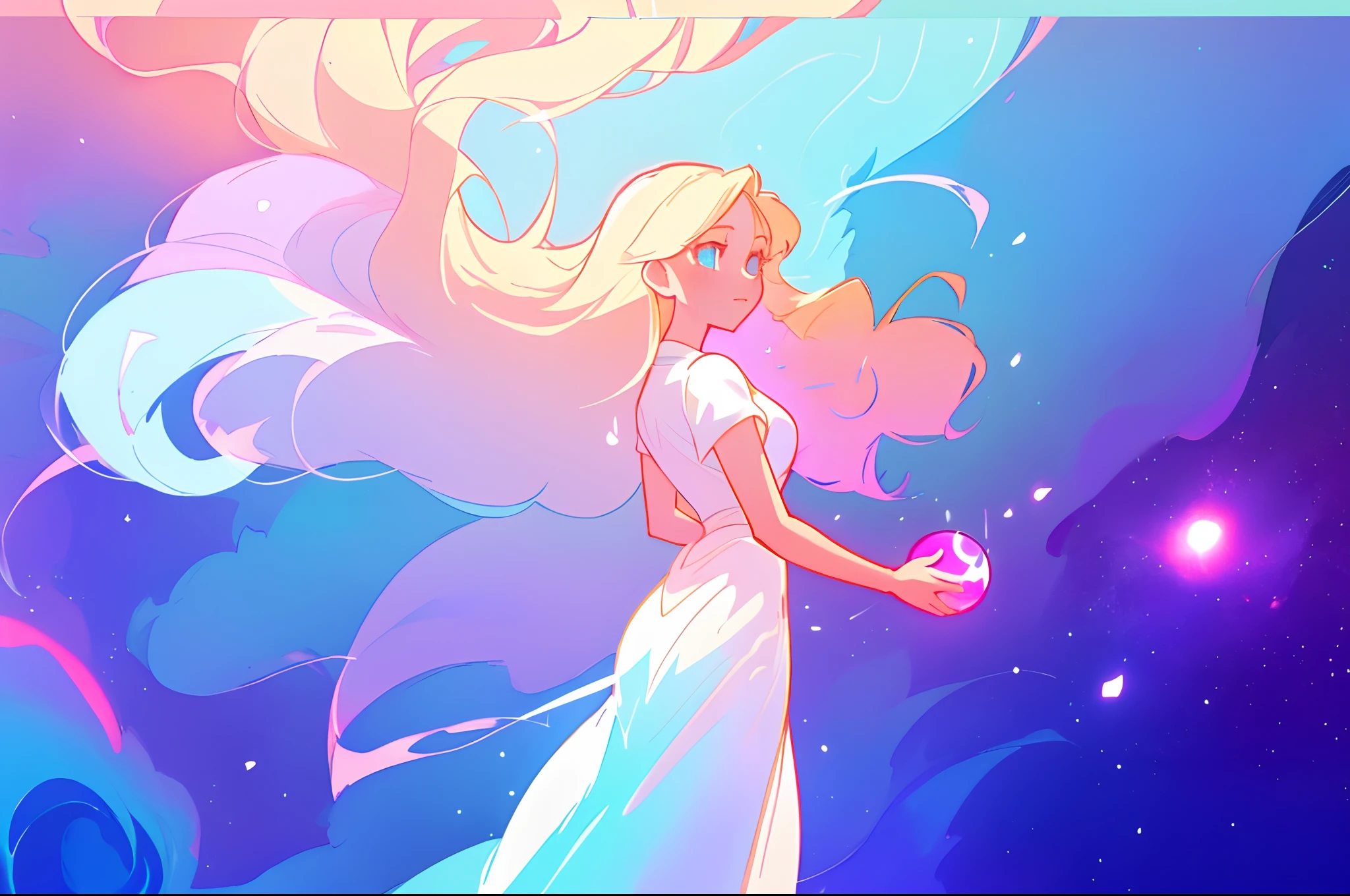 anime, a girl with long hair, in a white dress, holding a pink and blue ball, long glowing ethereal hair, glowing flowing hair, flowing glowing hair, anime girl with cosmic hair, beautiful young wind spirit, long glowing hair, beautiful anime art style, beautiful digital illustration, ethereal anime, a beautiful artwork illustration, blonde anime girl with long hair, inspired by Glen Keane, inspired by Lois van Baarle, disney art style, by Lois van Baarle, glowing aura around her, by Glen Keane, jen bartel, glowing lights