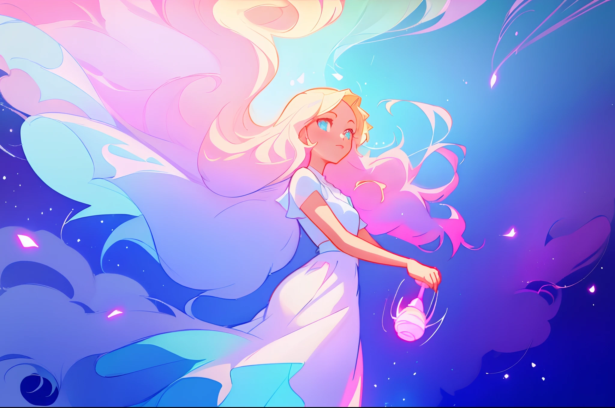 anime, a girl with long hair, in a white dress, holding a pink and blue ball, long glowing ethereal hair, glowing flowing hair, flowing glowing hair, anime girl with cosmic hair, beautiful young wind spirit, long glowing hair, beautiful anime art style, beautiful digital illustration, ethereal anime, a beautiful artwork illustration, blonde anime girl with long hair, inspired by Glen Keane, inspired by Lois van Baarle, disney art style, by Lois van Baarle, glowing aura around her, by Glen Keane, jen bartel, glowing lights