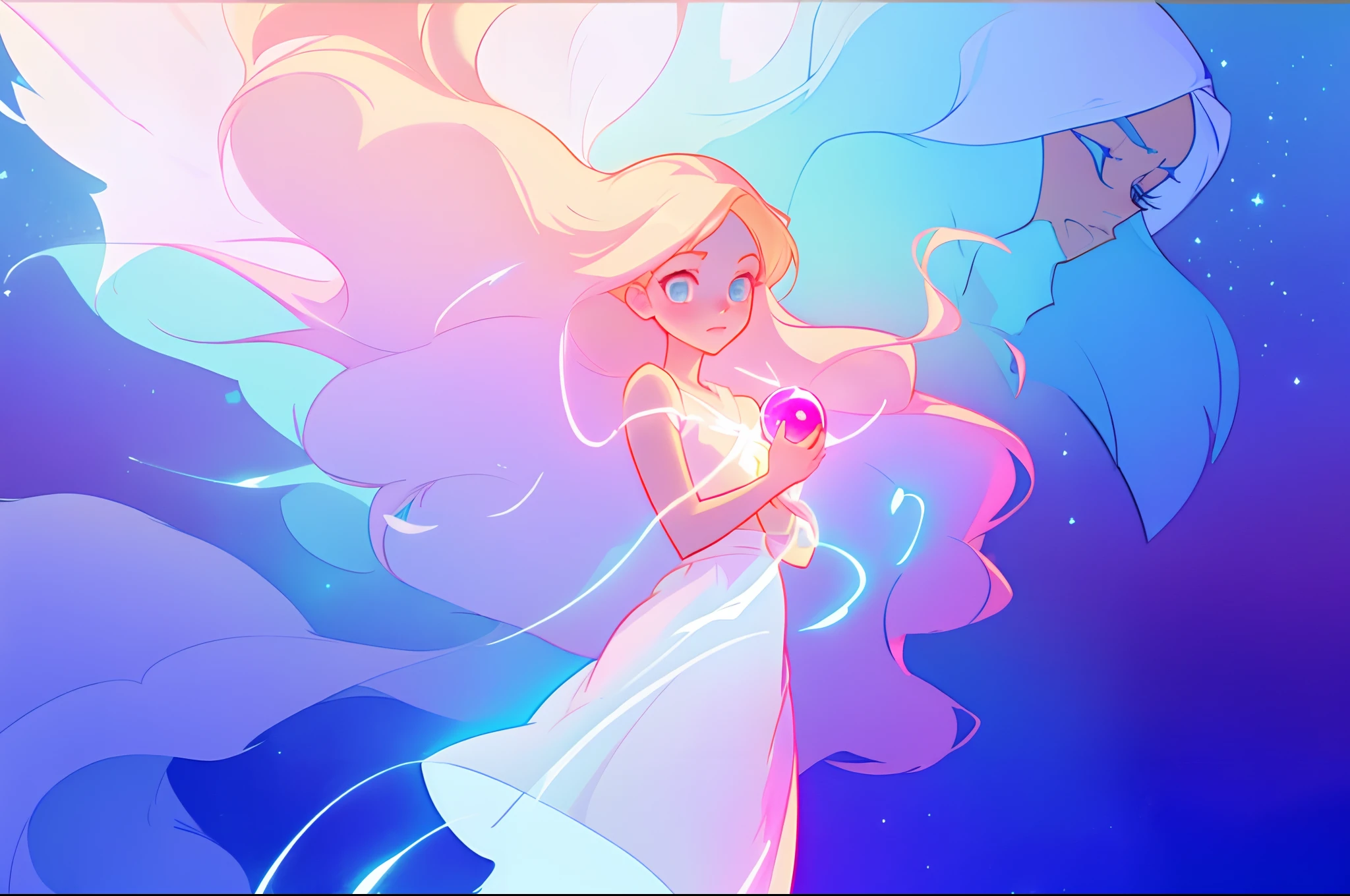 anime, a girl with long hair, in a white dress, holding a pink and blue ball, long glowing ethereal hair, glowing flowing hair, flowing glowing hair, anime girl with cosmic hair, beautiful young wind spirit, long glowing hair, beautiful anime art style, beautiful digital illustration, ethereal anime, a beautiful artwork illustration, blonde anime girl with long hair, inspired by Glen Keane, inspired by Lois van Baarle, disney art style, by Lois van Baarle, glowing aura around her, by Glen Keane, jen bartel, glowing lights