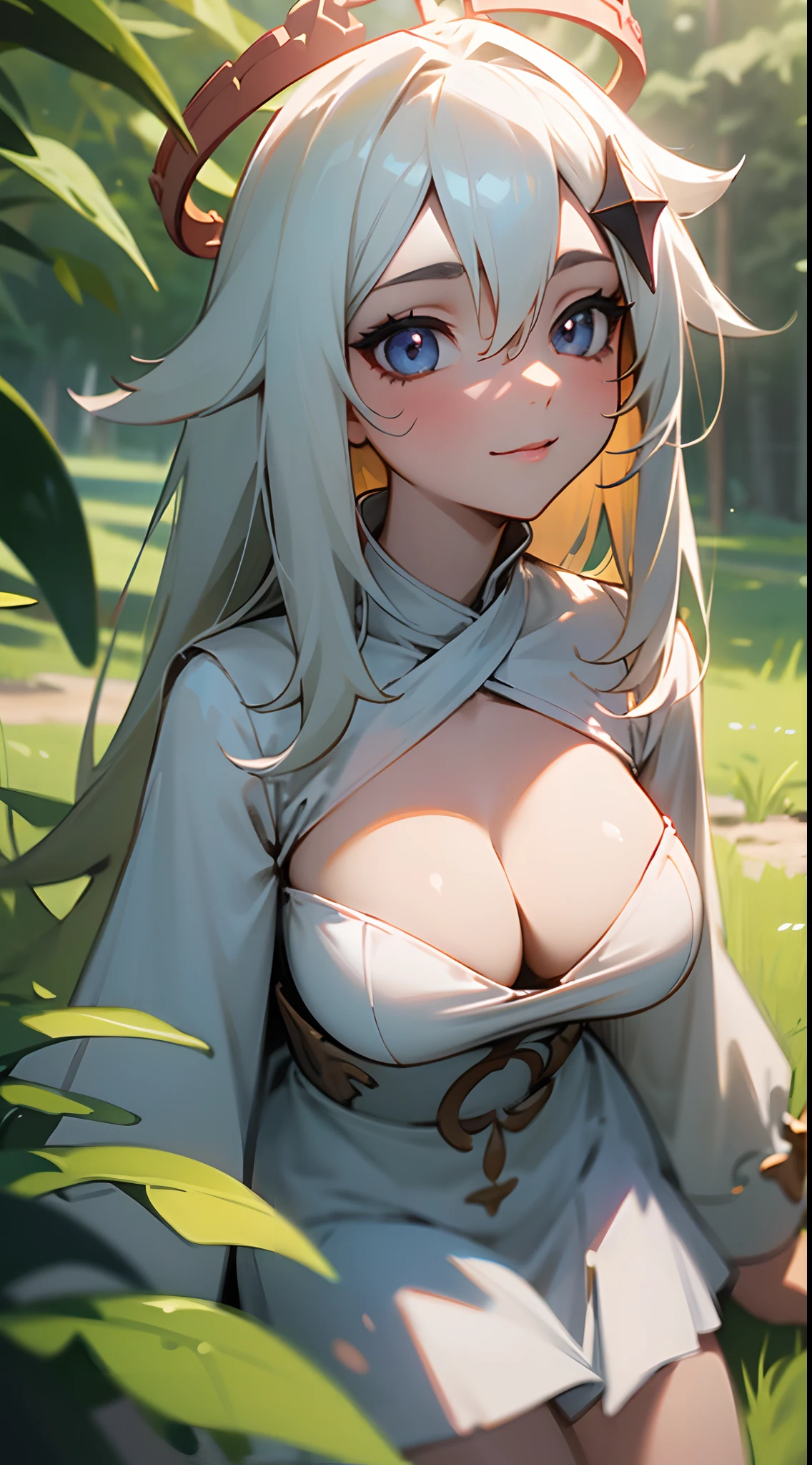 one-girl，the original god，Paimon，cleavage，Be red in the face，Close-up shot，sportrait，looks into camera，ssmile，White clothes，mediuml breasts，jungles，grassy fields