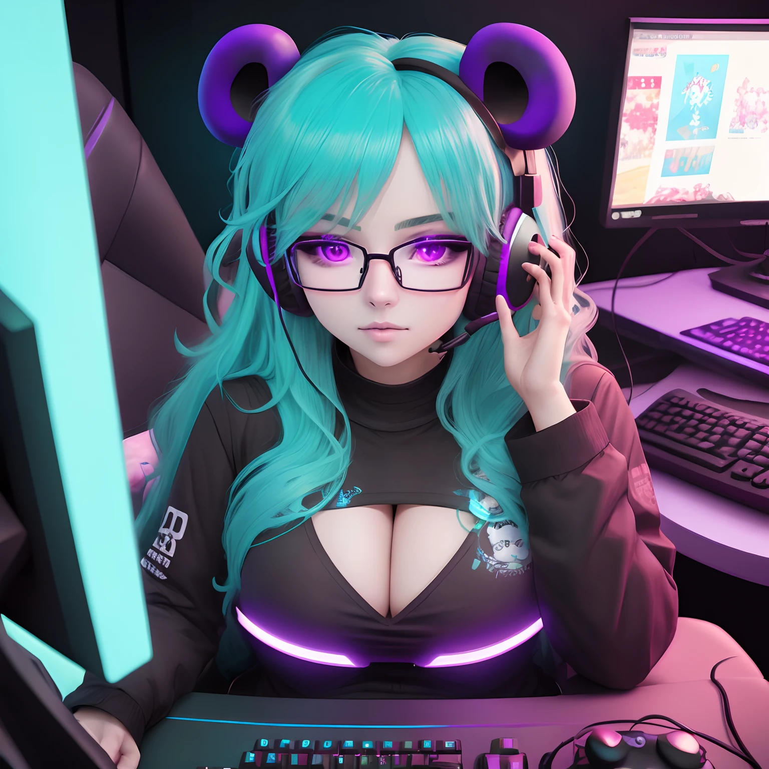 Turquoise long hair. horns. Beautiful. Anime. Stunning. Striking. Gaming. Nerd. Neon. Computer. Headset. Purple. Geek. Glasses. Gaming. Busty. Panda ears. Piercings