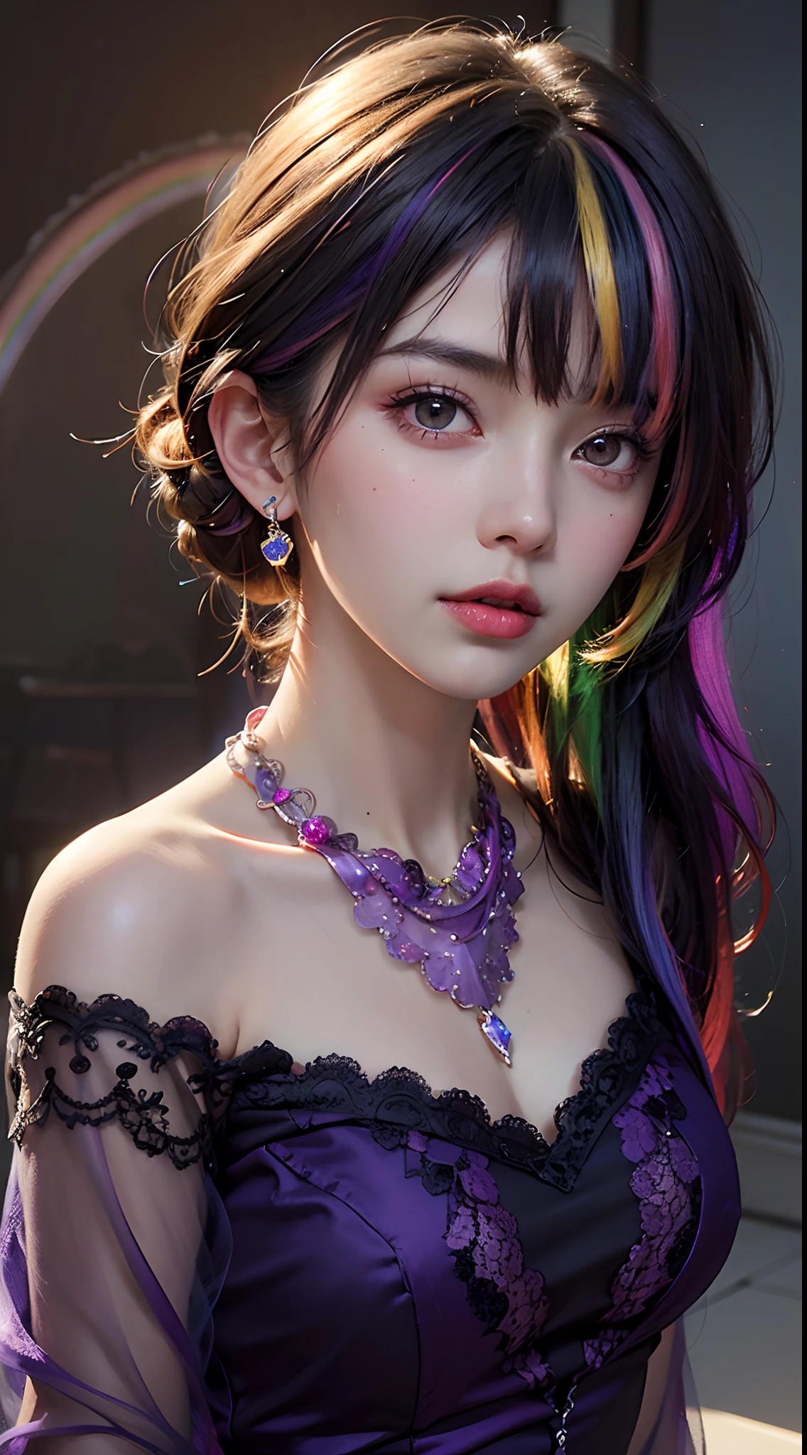 A beautiful and sexy 20-year-old girl, wearing an ultra-thin red dress, a diamond-embellished dress, ((long rainbow-dyed hair:1.6)), bangs, elaborate jewelry made from precious stones, and beautiful hair, ((wearing a purple lace necklace:1.6))), the aristocratic and aristocratic style of the girl is extremely beautiful, the small face is super cute, the face is very pretty, the eyebrows are thin, the flawless beautiful face, ((black eye pupils: 0.8)), very beautiful eyes, ((light red eyes: 1.5)), beautiful makeup and detailed eyelashes, steamy eye makeup , high nose, earrings, red lips, ((closed mouth: 1;5 )) beautiful lips, slim hands, most beautiful thighs, ((arms spread out to the sides: 1.5)), rosy face, clean face , flawless beautiful face, smooth white skin, (big breasts: 1.5)), ((high breasts: 1.6)), Plump breasts, nice cleavage, ((big and super round breasts: 1.8))), ((super tight breasts: 1.5)) , beautiful breasts, back arms, beautiful girl's upper body, 8k photo, super high quality, super realistic, 10x super pixel, optical, dark studio, light border, two-tone light, (high detail skin:1.2), super 8k, soft light, high quality, volumetric lighting, realistic, Photo, high resolution, lighting, best photo, 4k quality, 8k, effects blur, Smooth and sharp, 10 x pixels, (galaxy: 1.7), aurora, lightning, surreal graphics, most realistic graphics, alone, solo, Extremely sharp, surreal images, ( ((frontal portrait:1.3)))."
