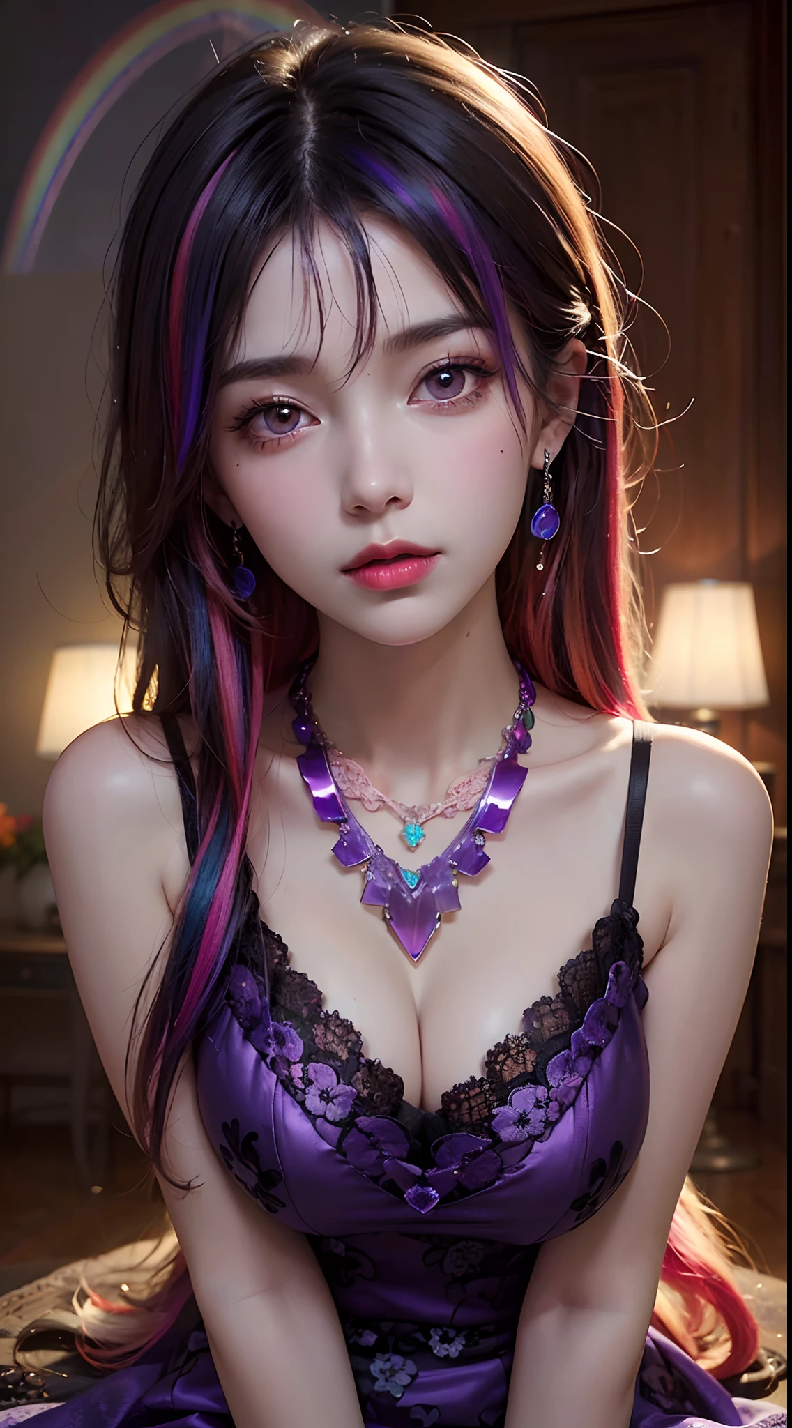 A beautiful and sexy 20-year-old girl, wearing an ultra-thin red dress, a diamond-embellished dress, ((long rainbow-dyed hair:1.6)), bangs, elaborate jewelry made from precious stones, and beautiful hair, ((wearing a purple lace necklace:1.6))), the aristocratic and aristocratic style of the girl is extremely beautiful, the small face is super cute, the face is very pretty, the eyebrows are thin, the flawless beautiful face, ((black eye pupils: 0.8)), very beautiful eyes, ((light red eyes: 1.5)), beautiful makeup and detailed eyelashes, steamy eye makeup , high nose, earrings, red lips, ((closed mouth: 1;5 )) beautiful lips, slim hands, most beautiful thighs, ((arms spread out to the sides: 1.5)), rosy face, clean face , flawless beautiful face, smooth white skin, (big breasts: 1.5)), ((high breasts: 1.6)), Plump breasts, nice cleavage, ((big and super round breasts: 1.8))), ((super tight breasts: 1.5)) , beautiful breasts, back arms, beautiful girl's upper body, 8k photo, super high quality, super realistic, 10x super pixel, optical, dark studio, light border, two-tone light, (high detail skin:1.2), super 8k, soft light, high quality, volumetric lighting, realistic, Photo, high resolution, lighting, best photo, 4k quality, 8k, effects blur, Smooth and sharp, 10 x pixels, (galaxy: 1.7), aurora, lightning, surreal graphics, most realistic graphics, alone, solo, Extremely sharp, surreal images, ( ((frontal portrait:1.3)))."